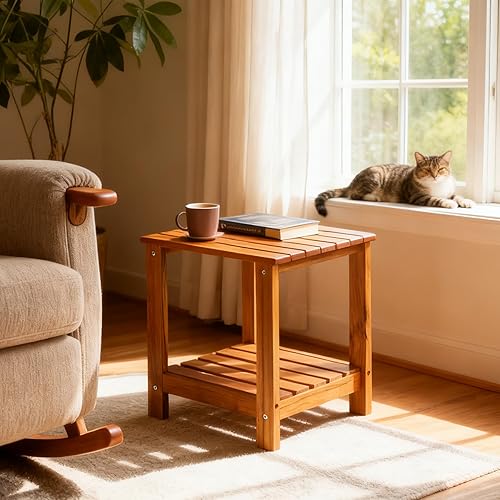 Miniatura 5 de Utoplike Mesa auxiliar de teca para exteriores, mesa auxiliar de doble capa, mesas de café de madera para patio trasero, jardín, cama, sala de