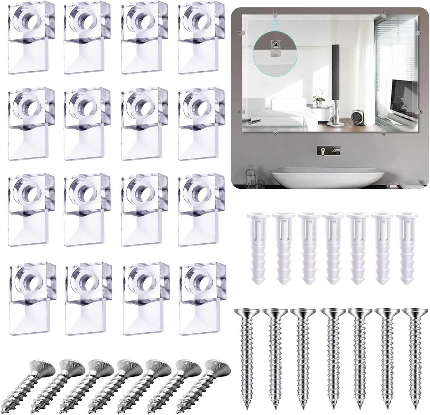 20-Piece Mirror Holder Clip Glass Crystal Clear Plastic Mirror Clip Fixing Clip Kit with Screws and Mirror Hanging Kit (Silver)