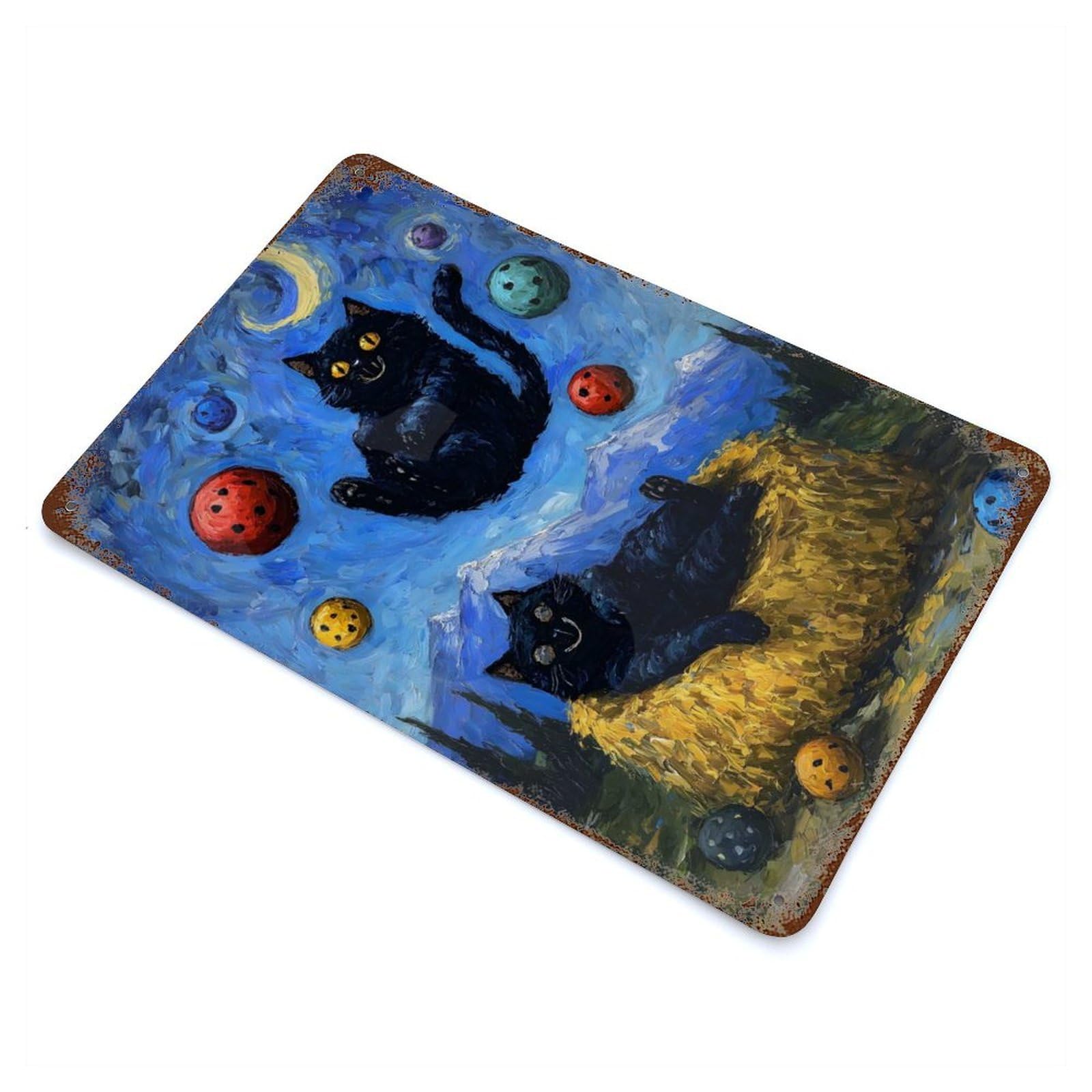 Cats in A Starry Night Parody 11.8"x7.9" Rustic Tin Plaque, Farmhouse Wall Decor for Basement, Hobby Room And Garage Decor