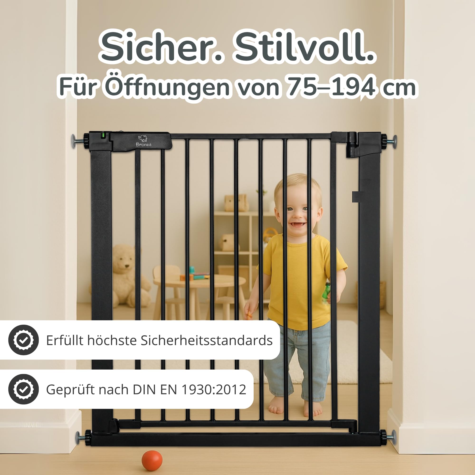 Luca Treppengitter ohne Bohren | Türgitter & Treppenschutzgitter zum Klemmen | verlängerbar 75-194 cm | Auto-Close, 90° Stop, beidseitig schwenkbar (152-159 cm)
