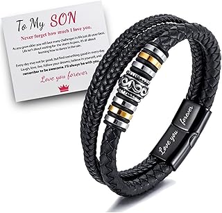 To My Son/Grandson Bracelets Son Bracelet from Mom Leather Braided Bracelets for Men Multilayer Stainless Steel Bangle Bracelet Handmade Inspirational Wristband Meaningful Bracelet Gifts