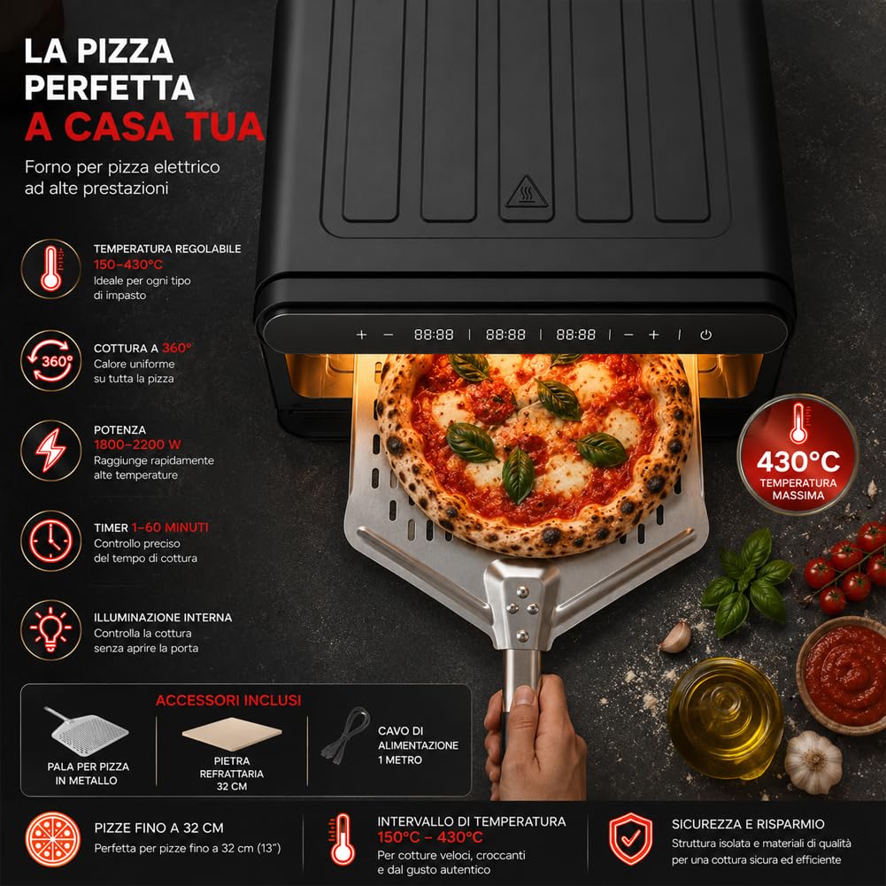 BAKAJI Forno Elettrico per Pizza Potenza 2200Watt, Pietra Refrattaria da 32 cm, Cottura in 3 Minuti, Calore Omogeneo 360°, Pizza Maker con Timer Regolabile, Temperatura 150-430°C, Nero