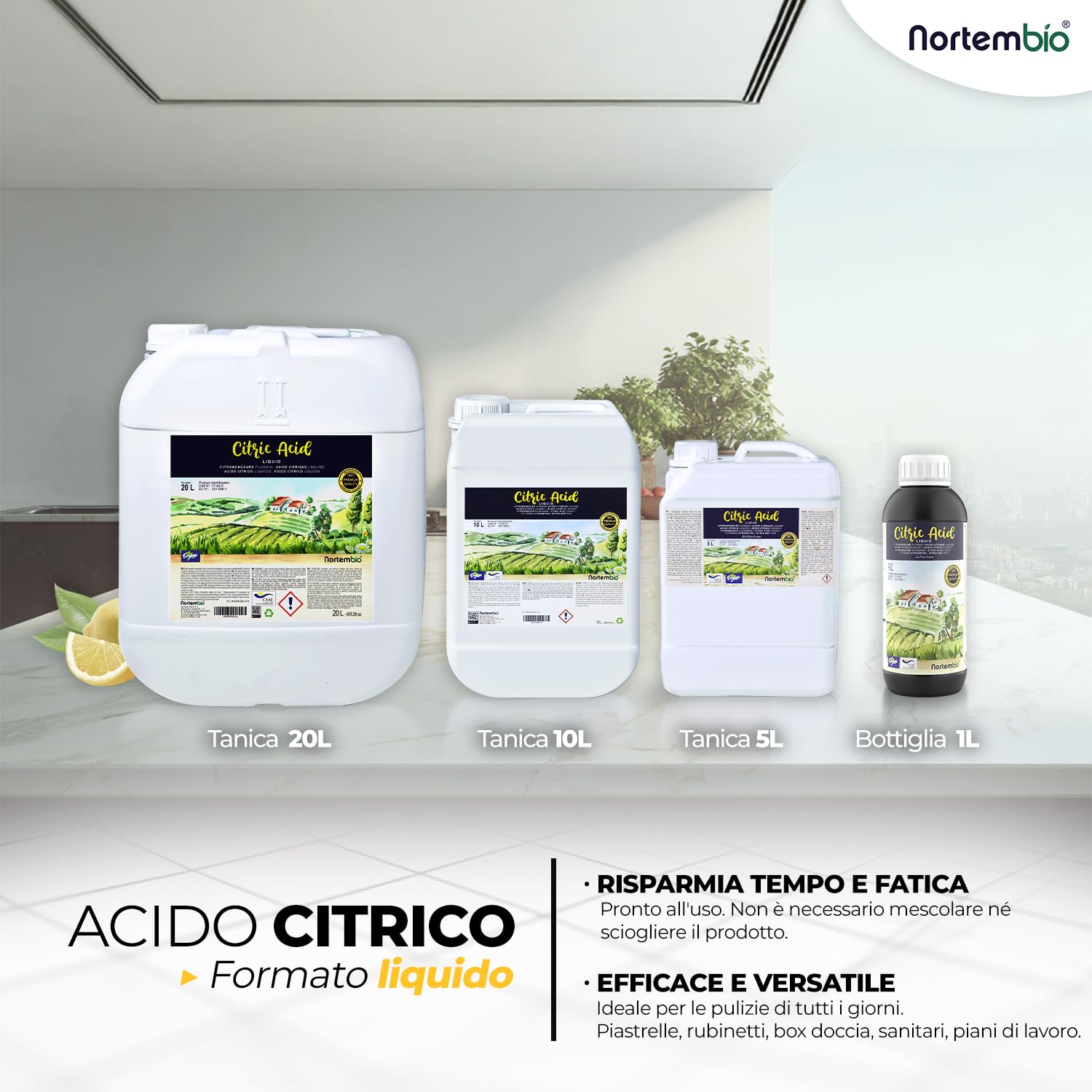Nortembio Acido Citrico Ecologico 10 L Liquido Concentrato 100% Puro e Naturale Multiuso per Pulizia Domestica, Cucina e Bagno + eBook Gratuito Incluso