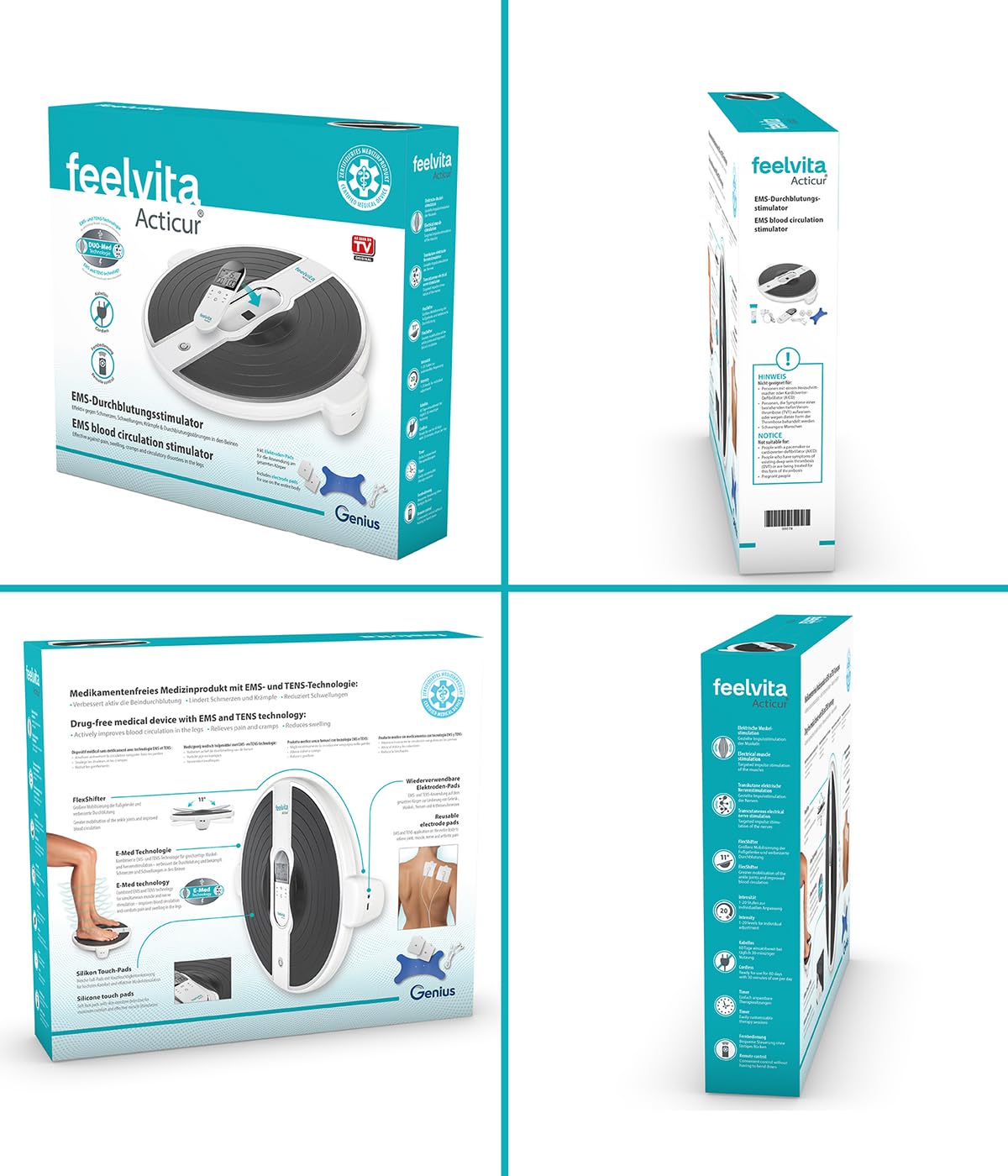 Genius Feelvita Acticur Durchblutung- Stimulator Bein und Fuß 11 tlg, EMS Gerät Füsse elektrisch, TENS Stimulator 2 Elektrodenpads, Durchblutungsförderung, für Neuropathie, Krämpfe, Knie Beinschmerzen