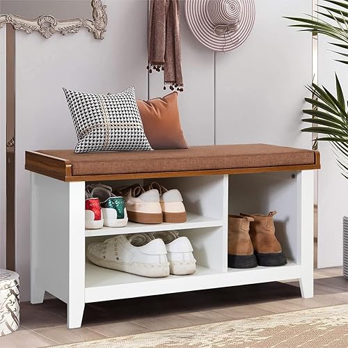 Miniatura 20 de MFSTUDIO Banco de almacenamiento de zapatos, banco de zapatos con armario de puerta de granero, 9 compartimentos abiertos, cojín de asiento,