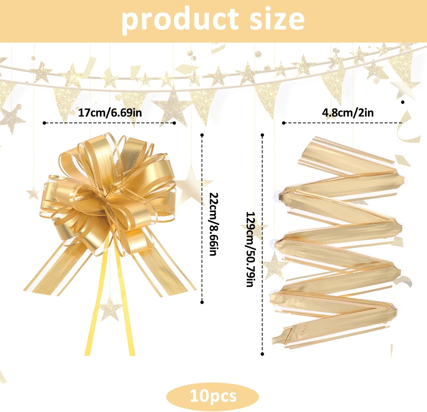 10Pcs Gold Big Bow Gift Wrapping Ribbon, 8 Inches Large Pull Bows, Matte Gold Bouquets Bows, Ribbon Bows for Wedding Christmas Birthday Party Gift Baskets Valentine's Day Flower Gift Boxes Decoration - Image 2