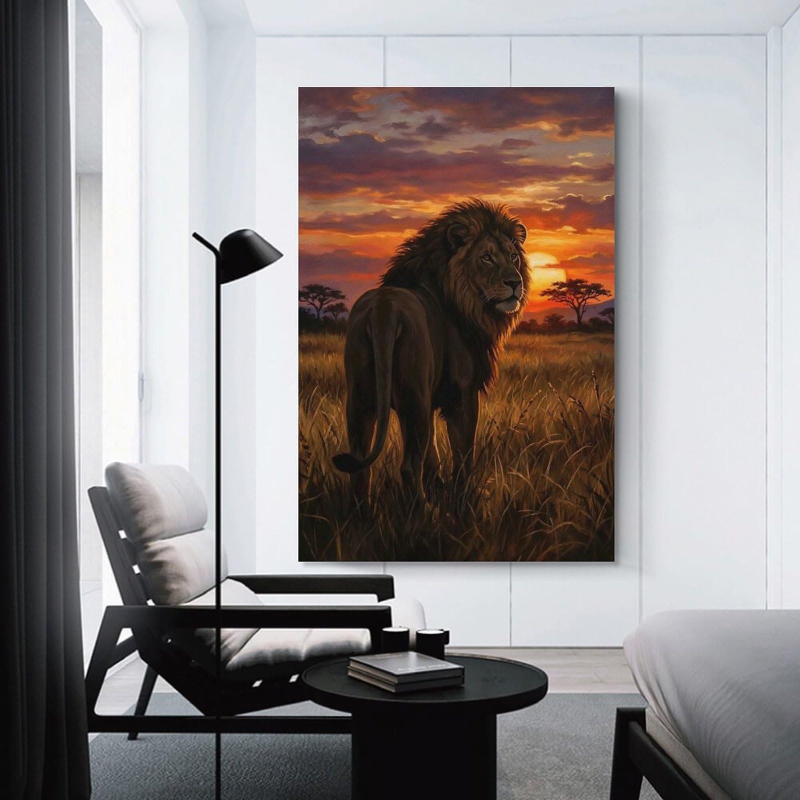 Junmoney Lion at Sunset in Savannah Wall Picture Print, 24x36inch(60x90cm), for Flats, Guest Rooms Or Compact Rooms, Decorative Canvas Decor for Home Updates