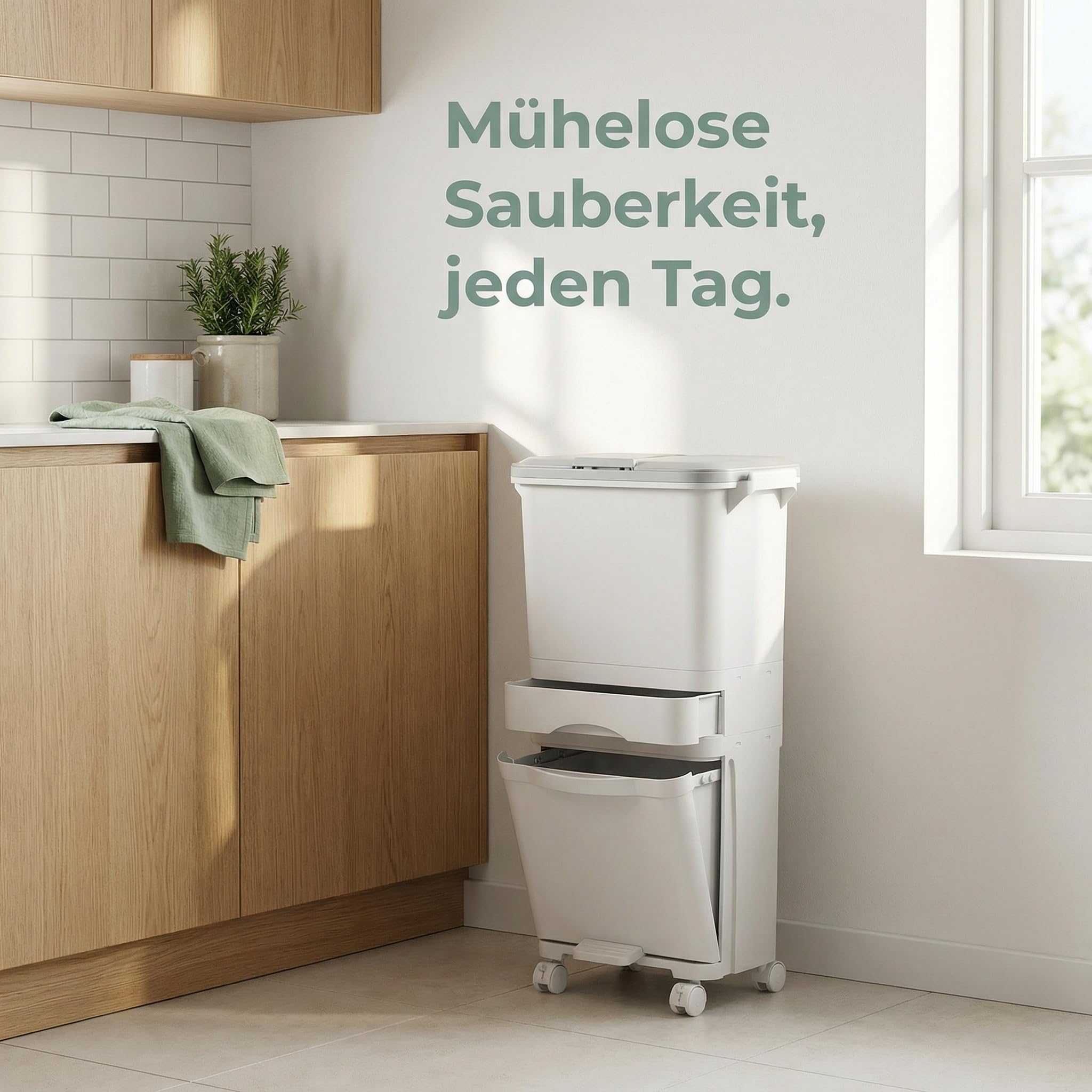 Küchenabfalleimer 3 Fächer, Großvolumiger 42L Mülltrennsystem mit Druckdeckel, Fußpedal, Lenkrollen und Mittelschublade, Treteimer für Abfalltrennung in Küche, Büro, Wohnung