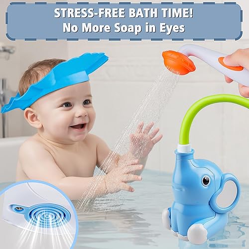 Miniatura 5 de Elefante - Cabezal de ducha para bebé y sombrero sin salpicaduras, juguetes de baño interactivos para niños de 18 meses a 5 años, manguera de 360 y