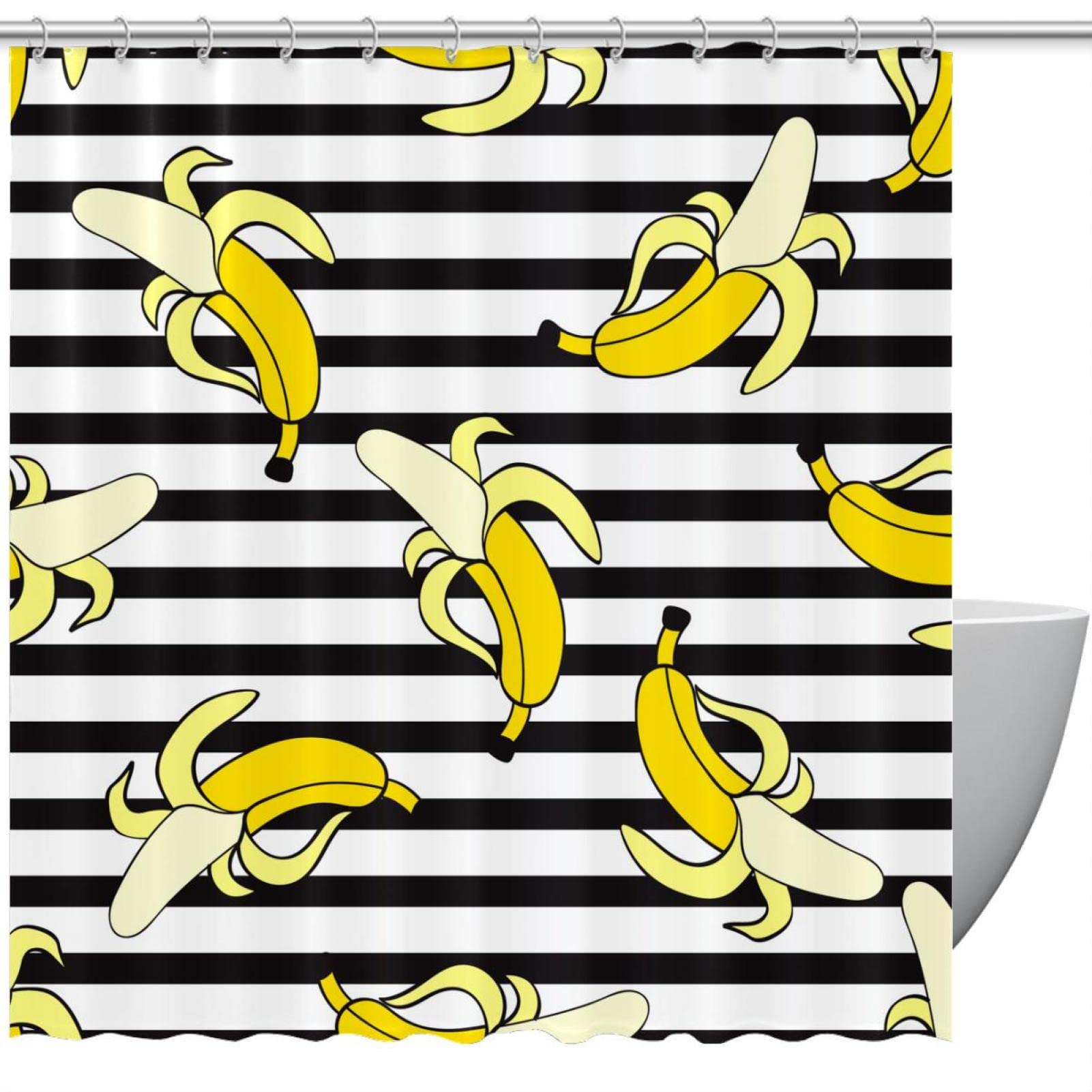 Rideau de douche design noir et blanc et bananes 183 cm pour baignoire familiale