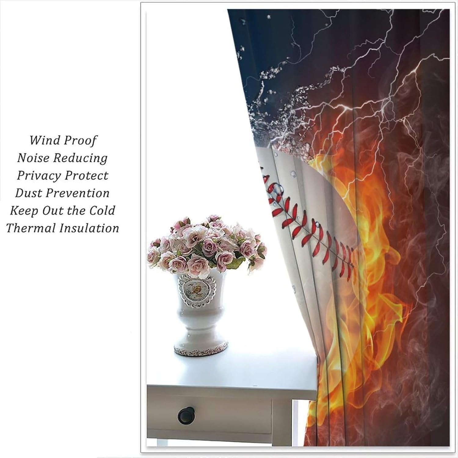 Sports Curtains, Baseball Ball and Water Splashing Thunder Art Themed Print for Home Kitchen Restaurant Decoration Window Curtain 2 Panels 63x63in