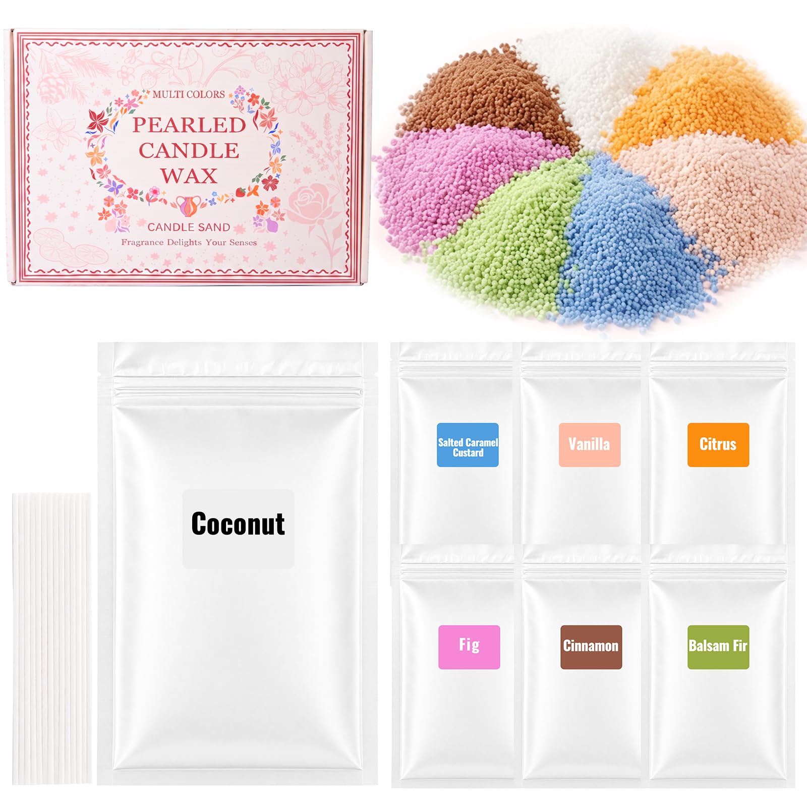 STRN Candela perlata di cera di sabbia con stoppini, 7 profumi | Decorazione per la casa per la produzione di candele fai da te, feste di nozze, decorazioni per