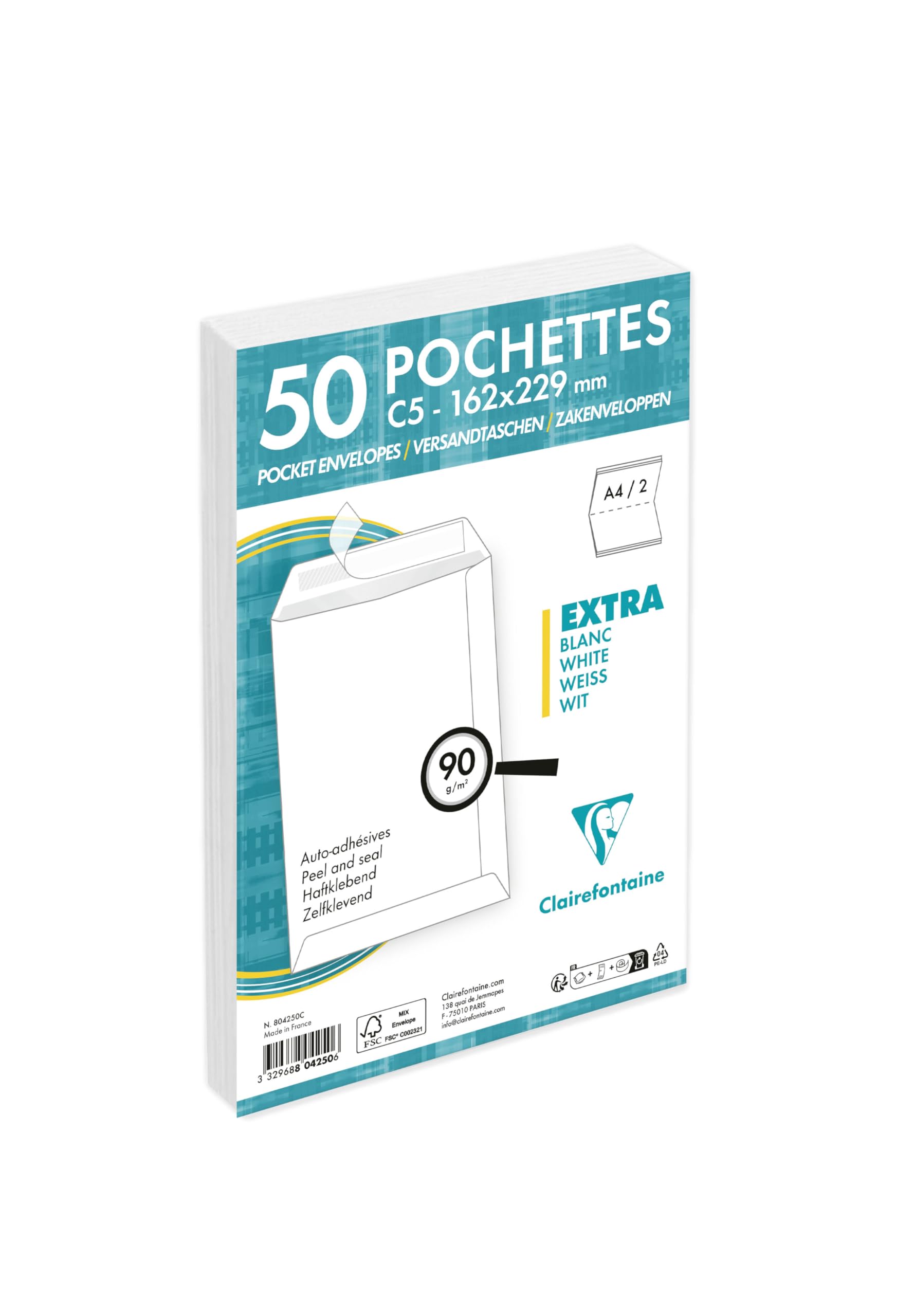 Clairefontaine 804250C - Pack of 50 White Envelopes - Size: C5-162x229 mm - Self-Adhesive - 90g/m² - White Colour - Correspondence - Manufactured in France