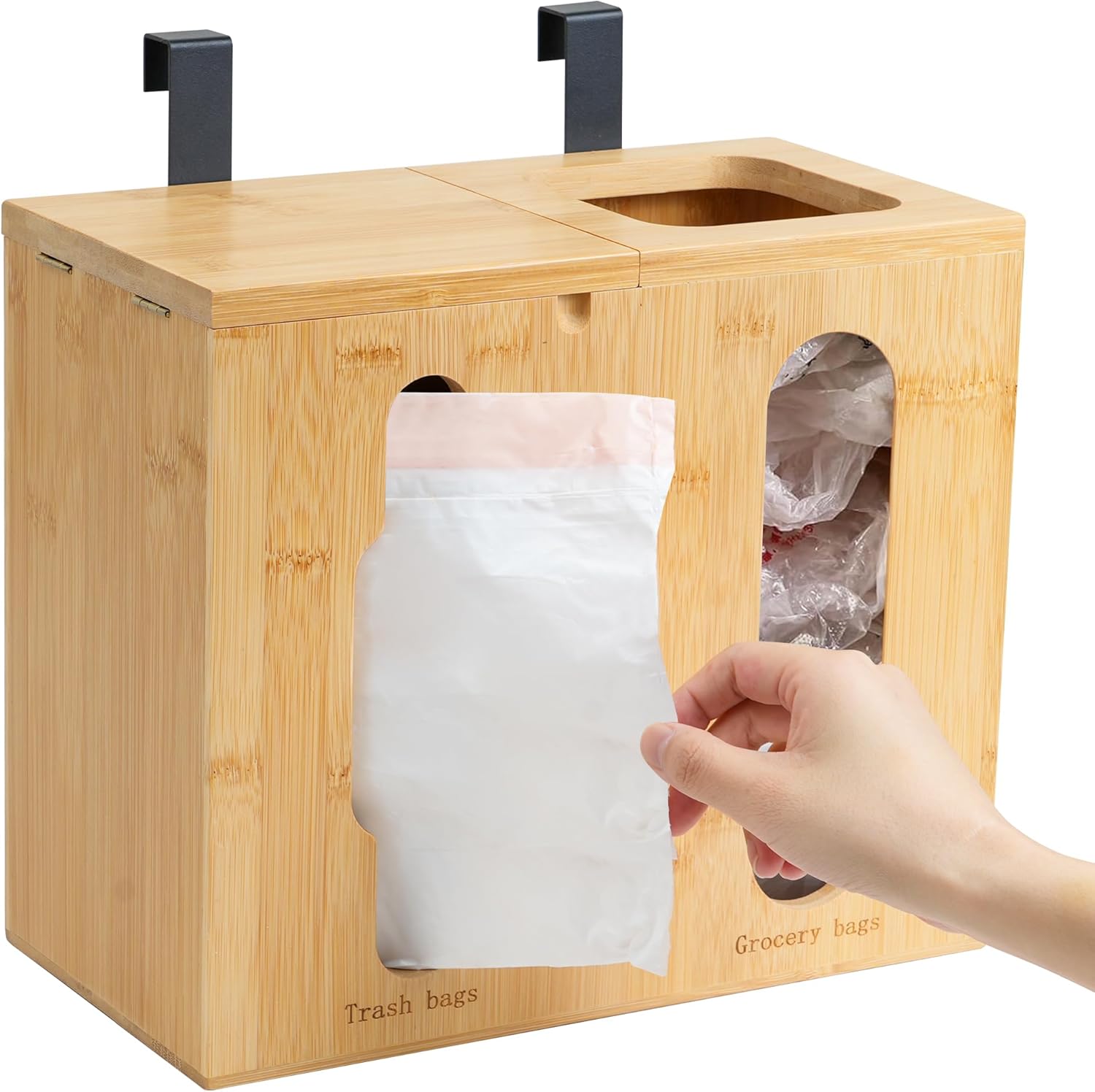 Bamboo Trash Bag Dispenser & Grocery Bag Holder, 2 in 1 Garbage Bags Storage Box for Cabinet Door, Under Sink, or Wall Mounting