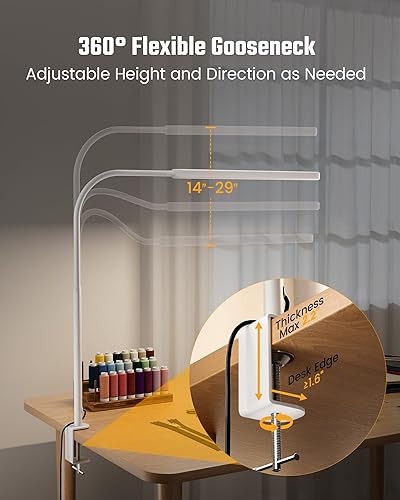 Miniatura 7 de SUPERDANNY Lámpara de escritorio LED de cuidado de los ojos, lámpara de trabajo de cuello de cisne flexible de 360, con abrazadera lateral de