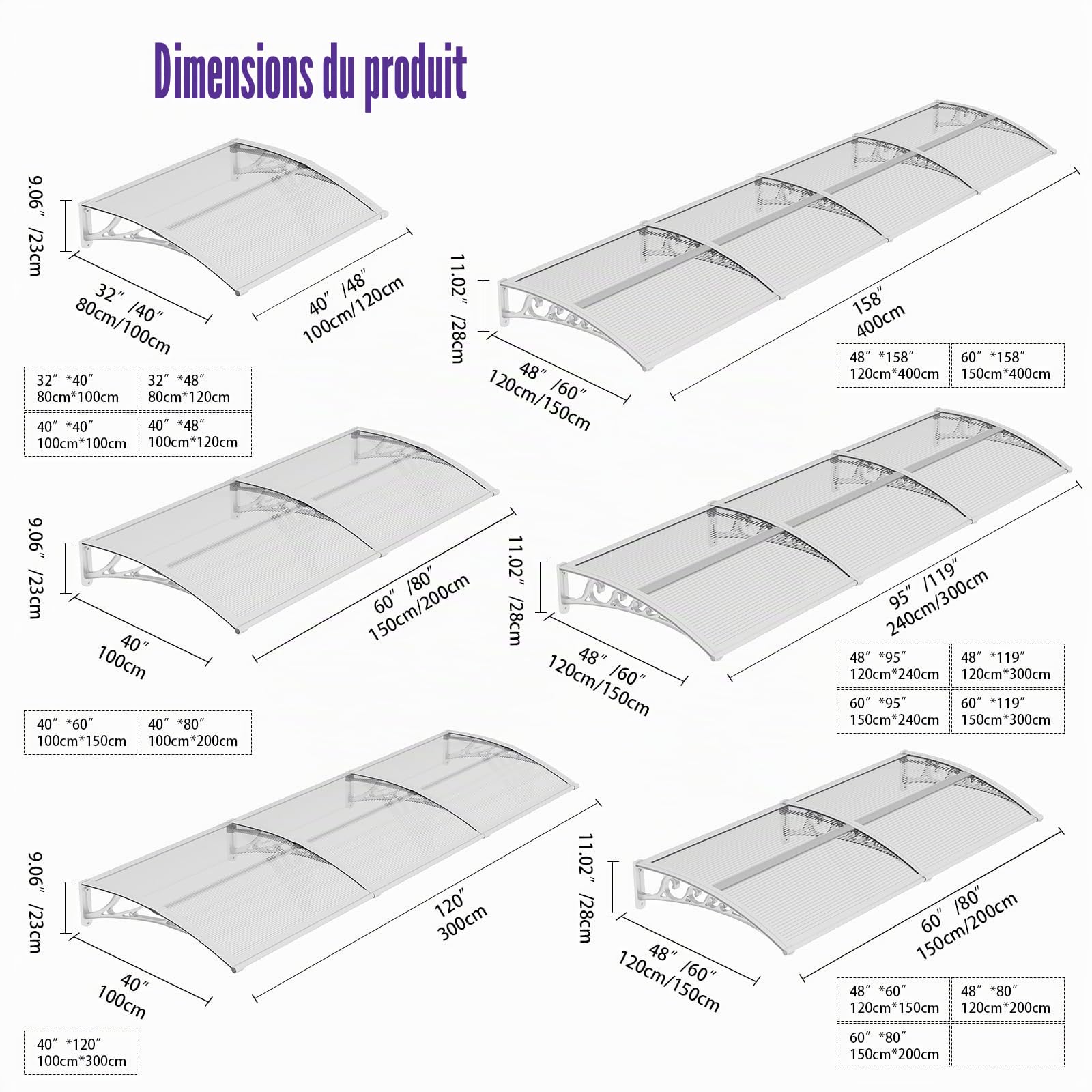 Auvent de Porte d’Entrée 80 × 120 cm, Marquise en Polycarbonate Transparent, Toit de Protection Résistant Contre la Pluie et Les Rayons UV, Gris pour Maison et Entrée