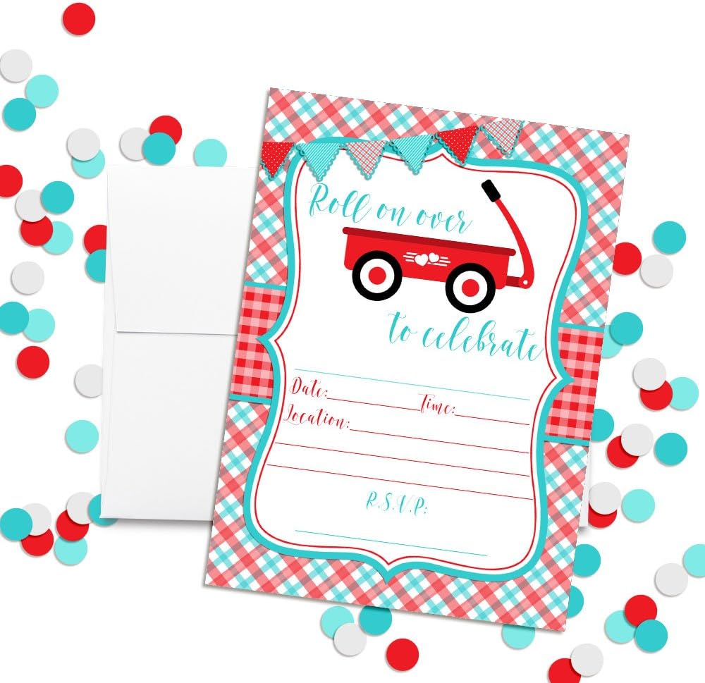 Little Red Wagon Boy Birthday Party Invitations, 20 5x7 Fill In Cards with Twenty White Envelopes by AmandaCreation