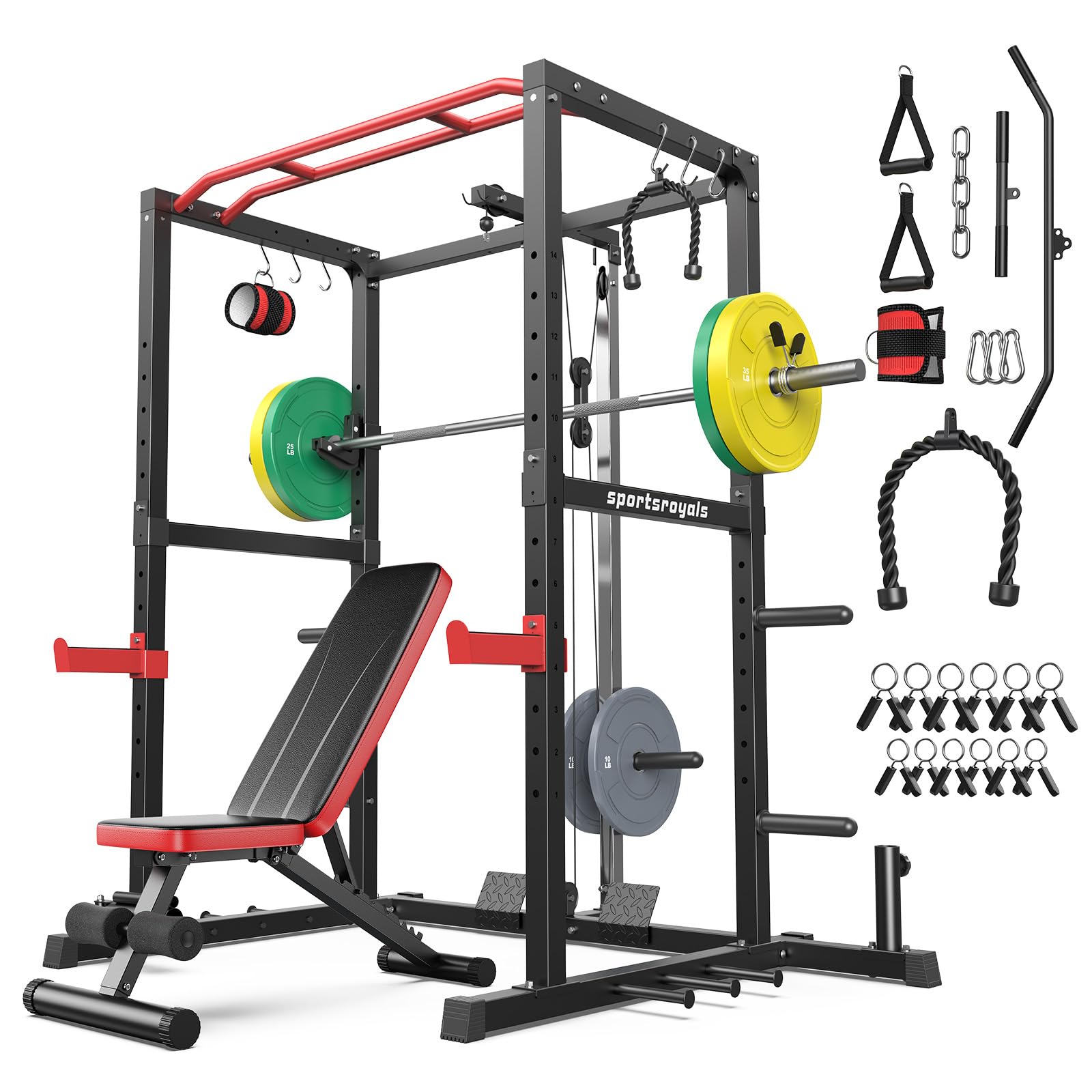 SPORTSROYALS Power Rack, Multi-Functional Power Cage, Squat Rack with Pulley System &amp; LAT Pull Down, Workout Cage with J Hooks for Home Gym