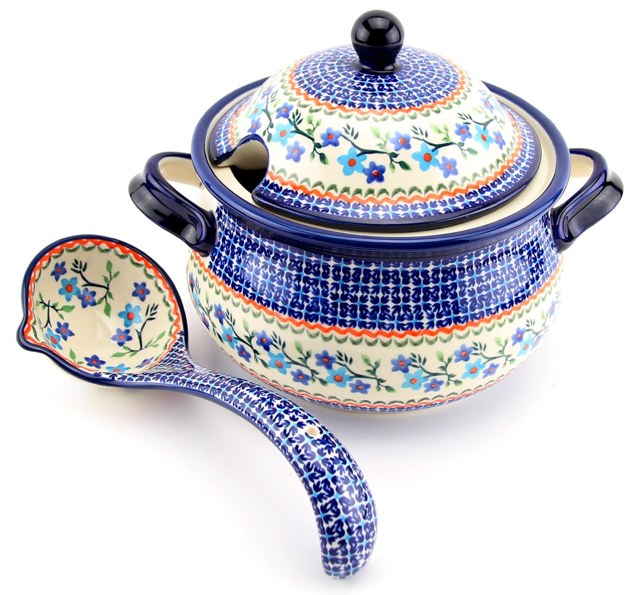Polish Pottery Soup Tureen with Ladle in Blue Blossom Pattern - 13.4 Cups Capacity - Handpainted Stoneware from Boleslawiec, Poland by Zaklady Ceramiczne