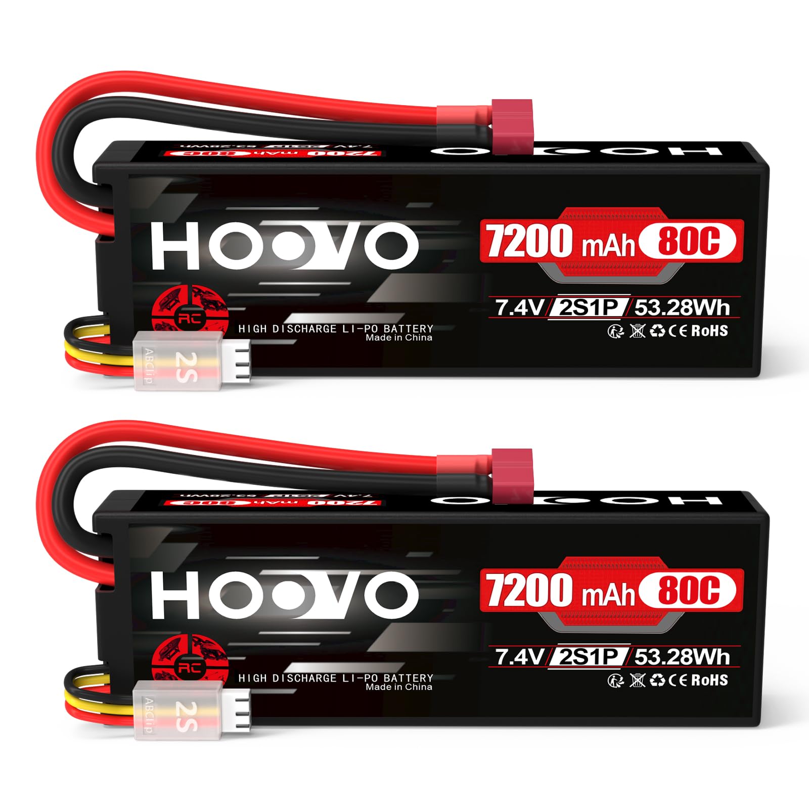 HOOVO 2S LiPo Battery 7200mAh 7.4V 80C RC Battery HardCase with T Plug Replacement Batteries for RC Car Truck Heli Airplane Boat Helicopter Drone Truck Slash BuggyTeam Associated (2 pcs)