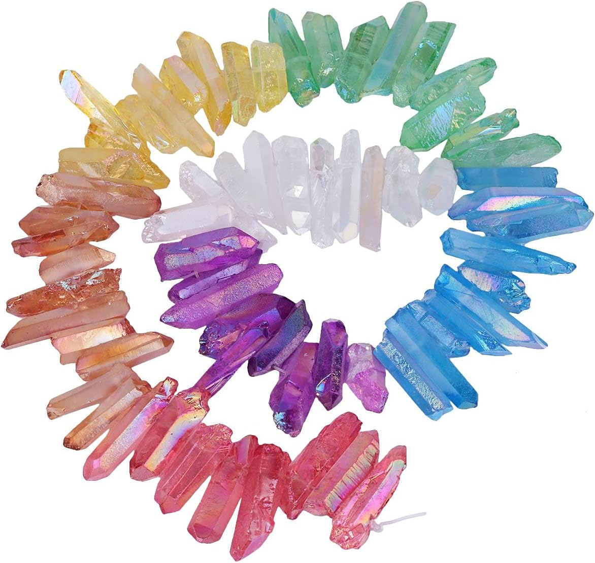 rockcloud Rock Crystal Points Titanium Coated Clear Quartz Sticks Spikes Top Drilled Loose Beads 15 inch Strand, Colorful