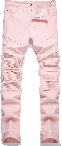 RXXKKK Men's Classic Zipper Biker Regular Fit Flex Jean (28, 244 Pink)