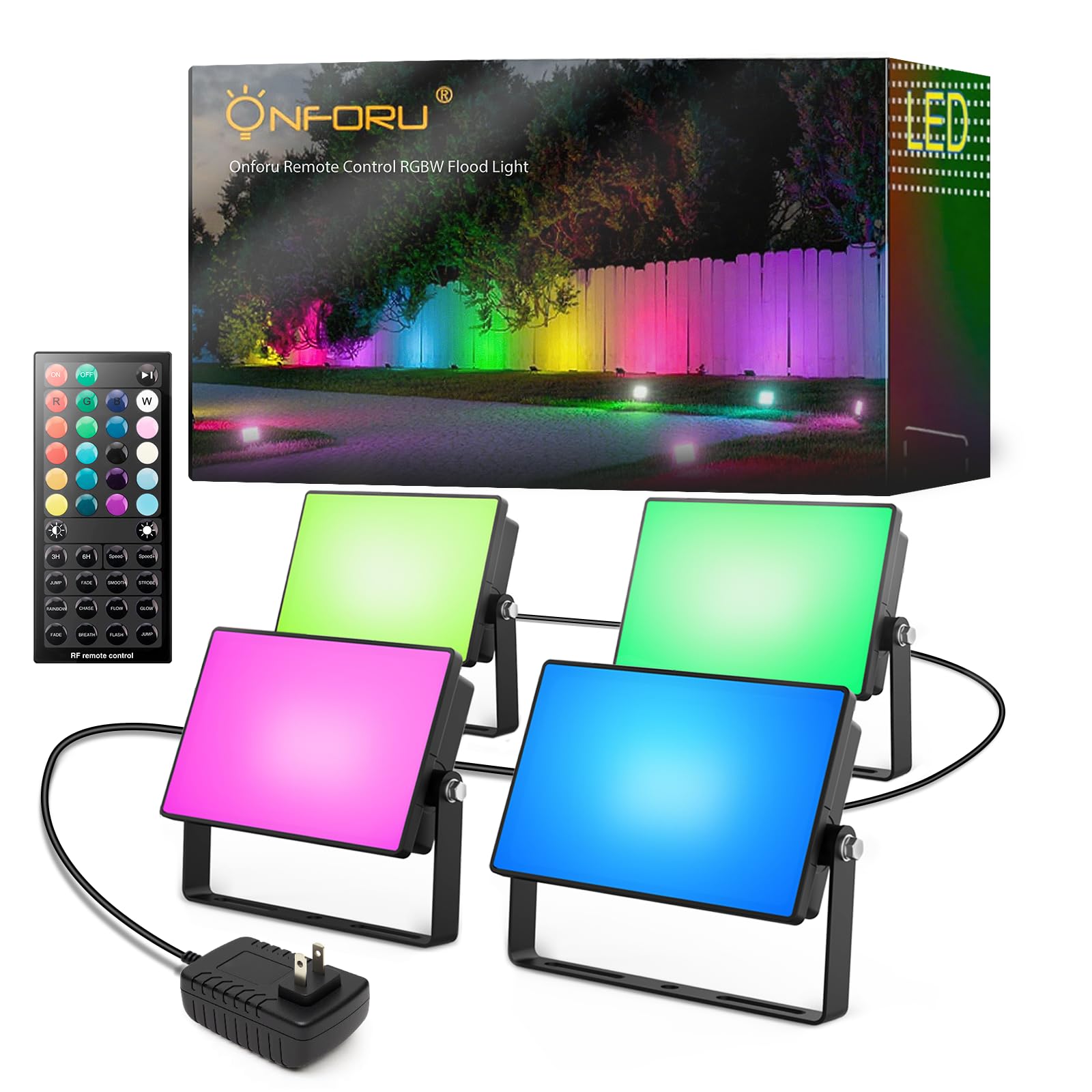 Onforu RGBW Flood Lights Outdoor with Remote, Color Changing LED Landscape Lights, IP65 Waterproof Uplights for Events, Uplighting for Halloween Christmas Garden Yard Party, Wired 4 Pack