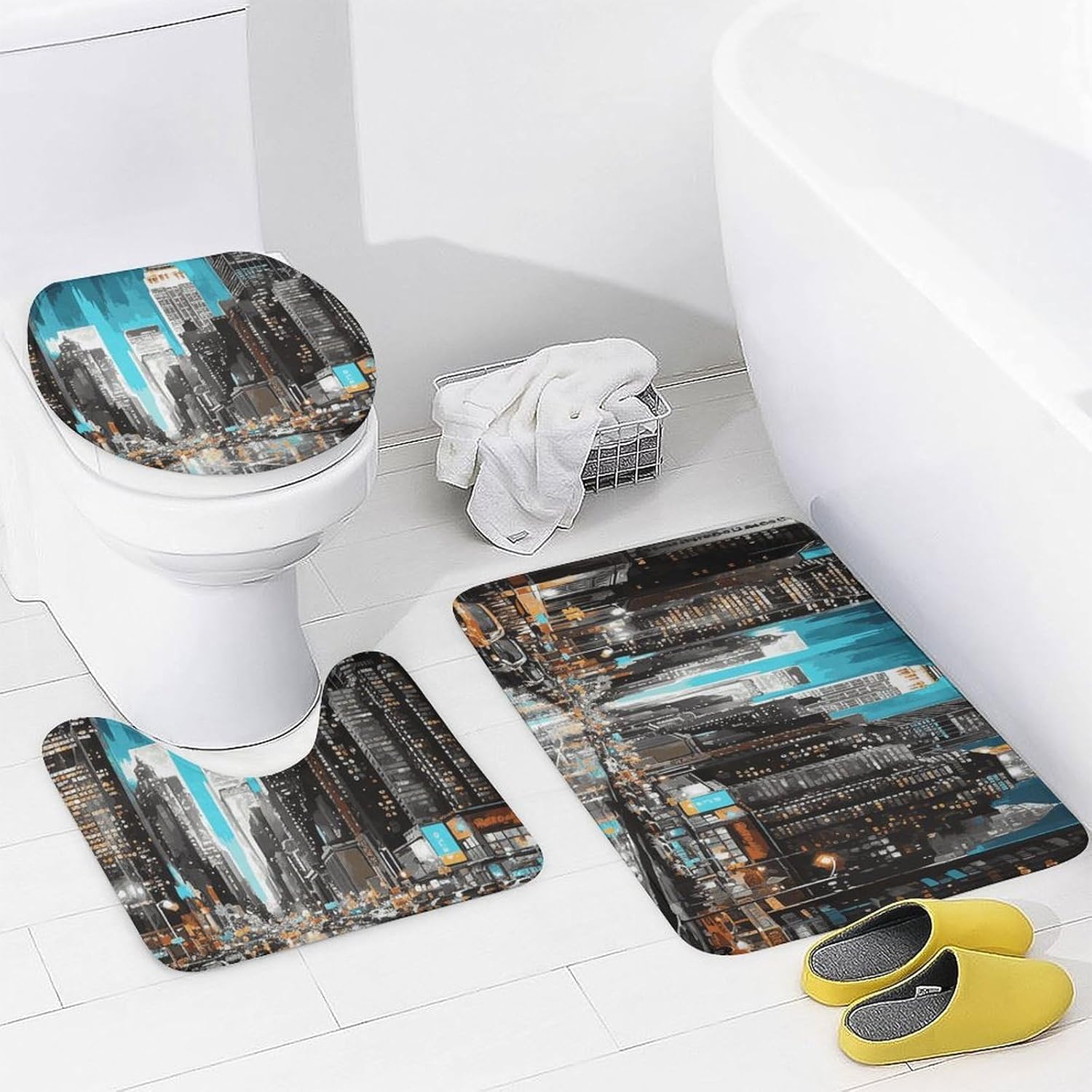 New York Paintings Shower Curtain Set 4 Piece, Non-Slip Bath Mat with Toilet Lid Cover and Waterproof Shower Curtain with 12 Hooks, Complete Bathroom Set for Home Decor