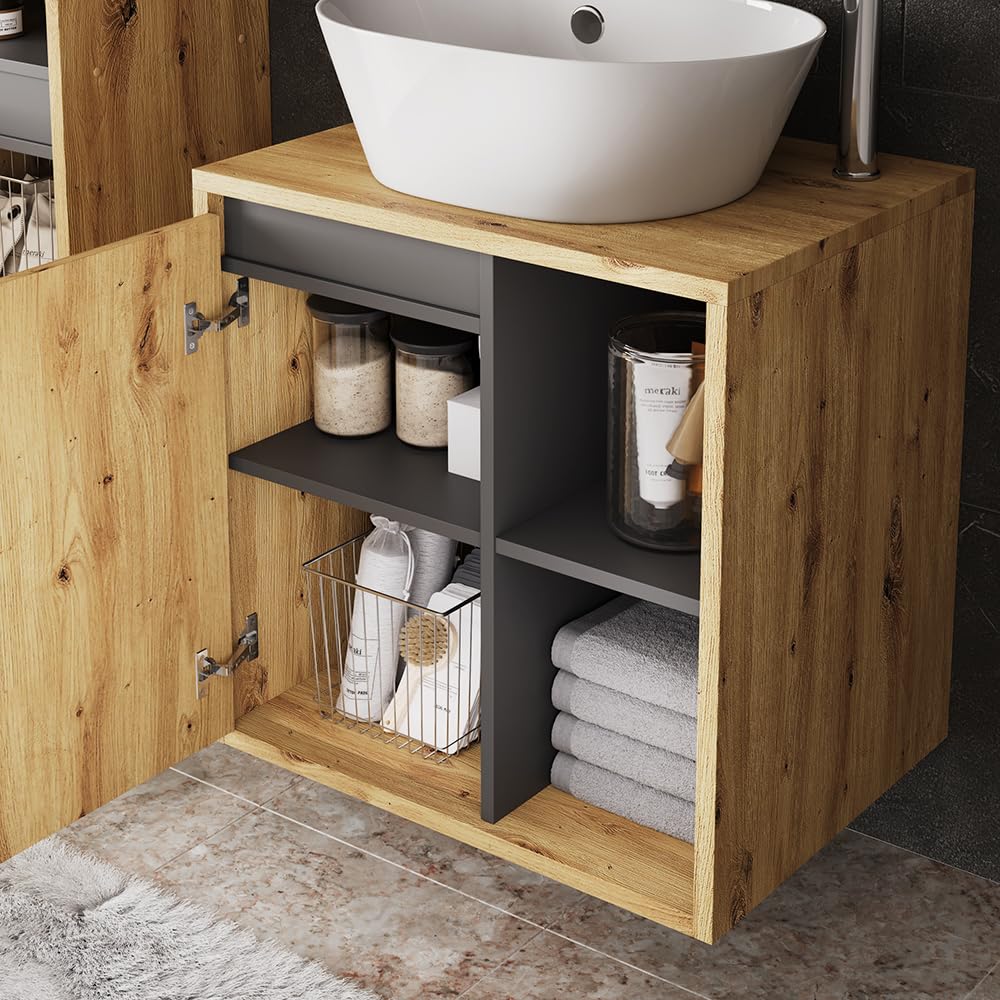 Vicco Mobiletto per lavabo Viola, Artigiano/grigio, 60 x 60 cm | con ripiani aperti, adatto per il montaggio sotto lavabi standard