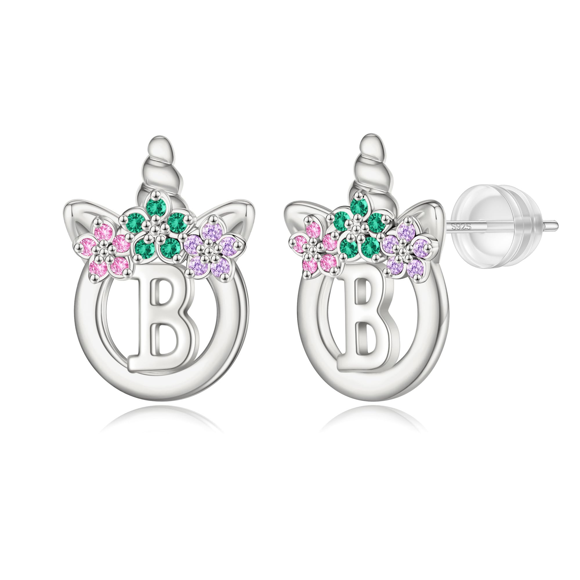 Unicorn Earrings Gifts for Girls - 925 Sterling Silver Stud Earrings Hypoallergenic Initial Unicorn Earring for Girls Kids Jewelry CZ Birthday Gifts