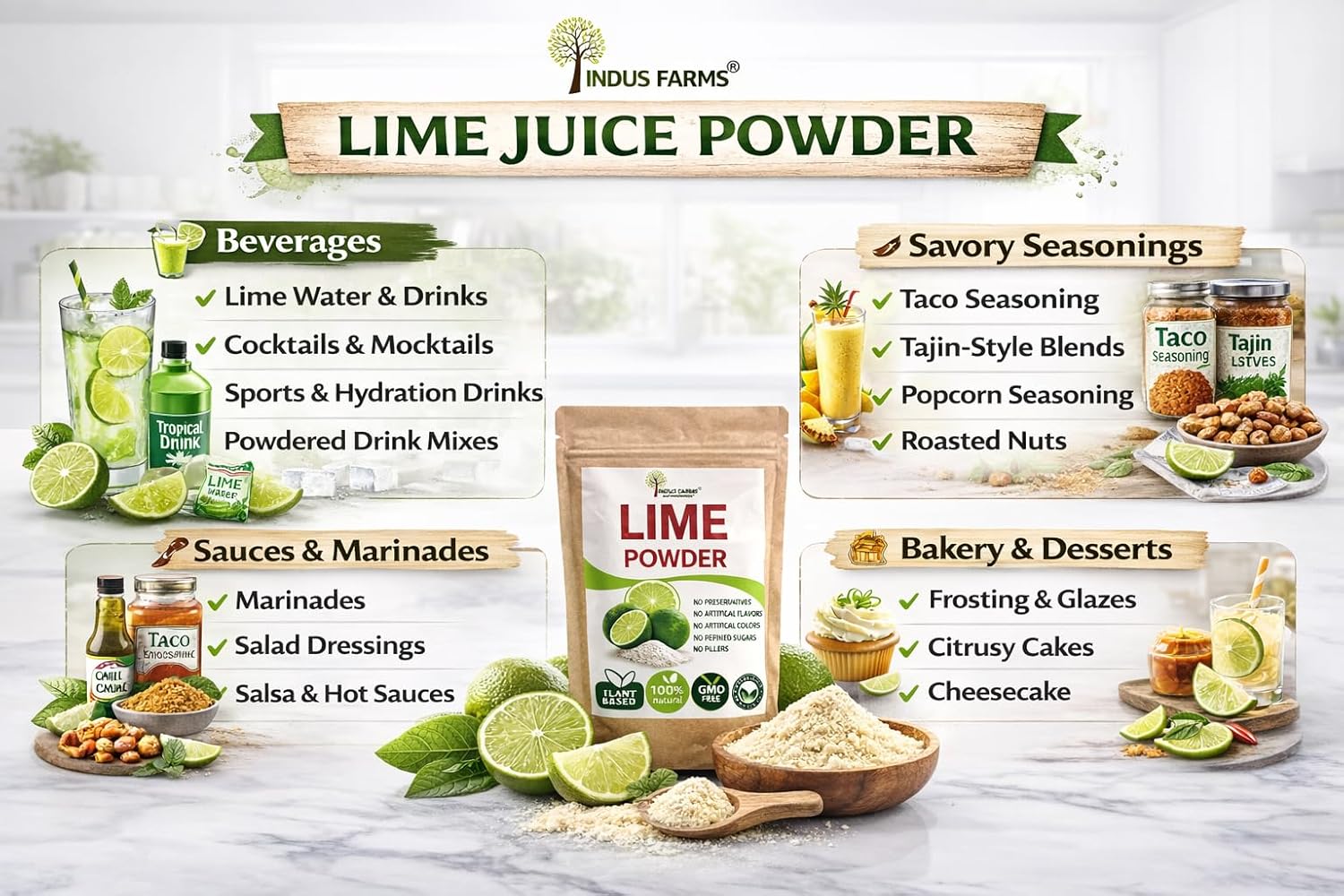 Indus Farms Lime Juice Powder Drink Mix, Unsweetened, Made from Fresh Limes (No Peel), Smooth Mixing, No Preservatives, For Drinks, Cooking, Baking & Marinades, 5 LB (Value Pack)