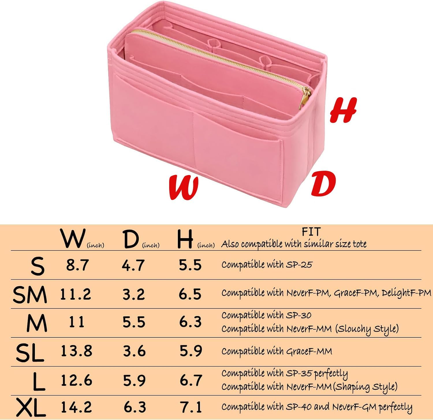 Purse Organizer Insert with Zipper Felt Bag Organizer for Tote Purse Bag Pink Medium - Image 2