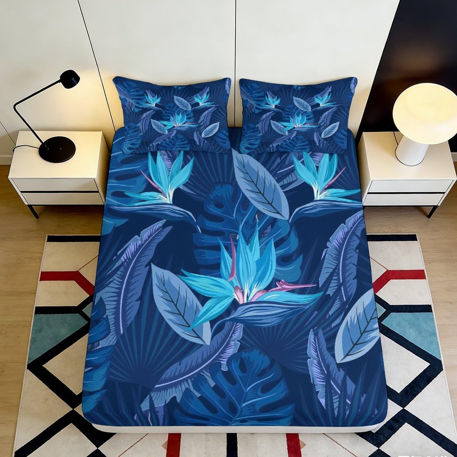 Jqzkxnhpbr Style-6 3D Printed Tropical Leaf Fitted Sheet Microfiber Deep Blue Bird Of Paradise Mattress Cover Non Slip Bedroom Decor 90X200x25cm