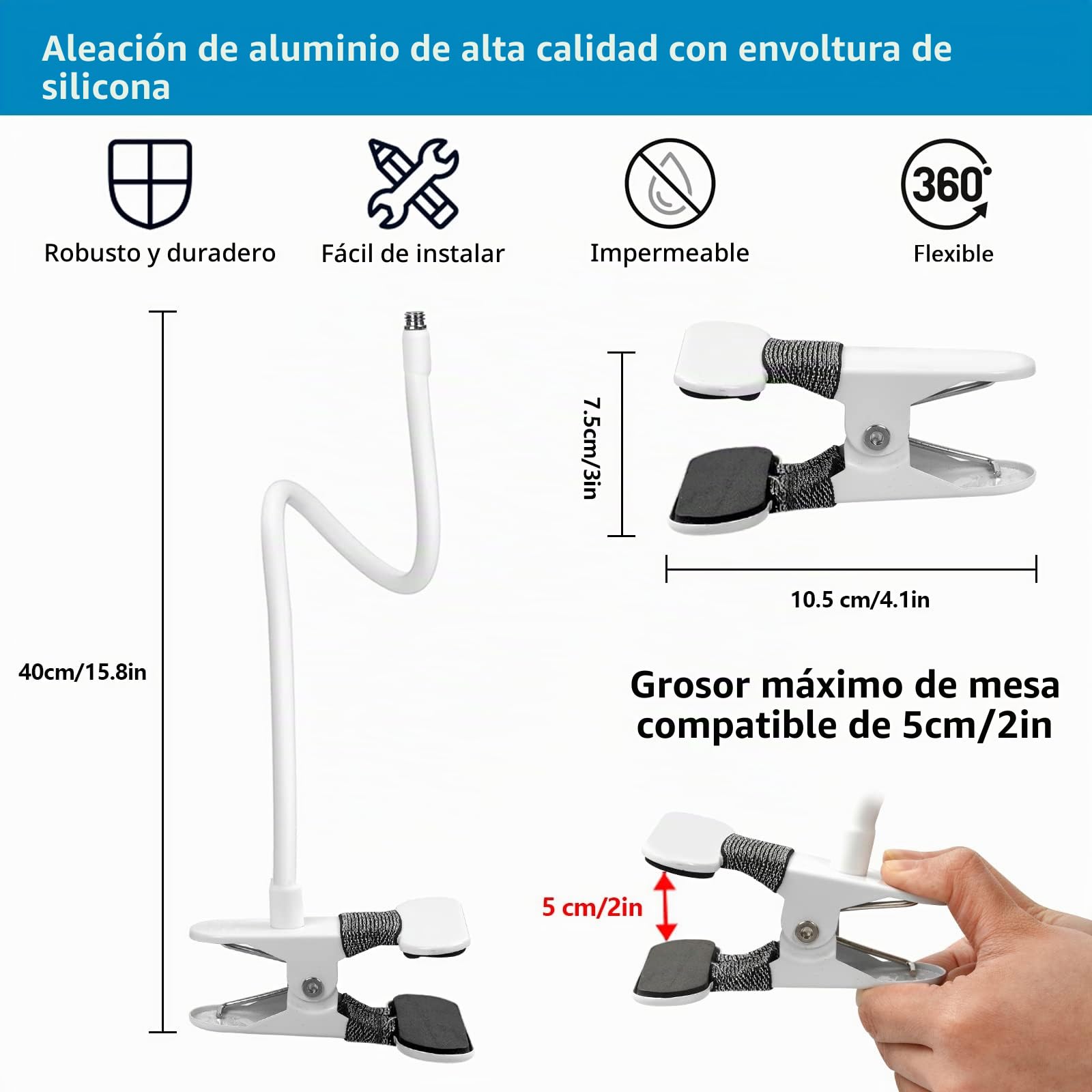Hossom Soporte Flexible para Cámara y Webcam con Conexión Roscada 1/4", 2 Adaptadores 3/8" - para Logitech C925e C922x C922 C930e C930 C920 C615, GoPro Hero10/9/8/7/6/5, Hero MAX (Blanco, 40cm)