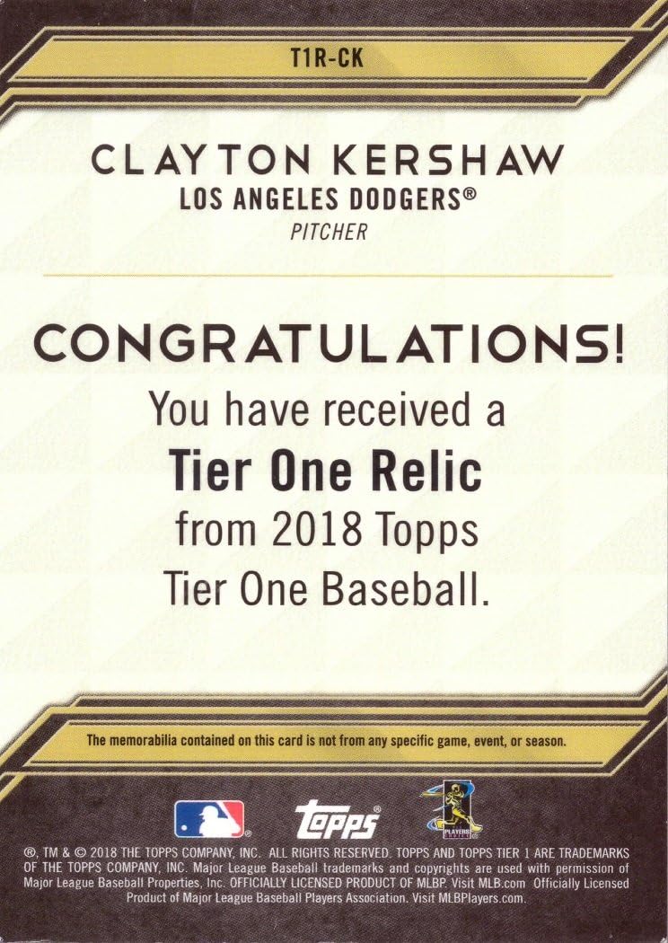 2018 Topps Tier One Relics #T1R-CK Clayton Kershaw Game Worn Dodgers Jersey Baseball Card - Only 335 made!