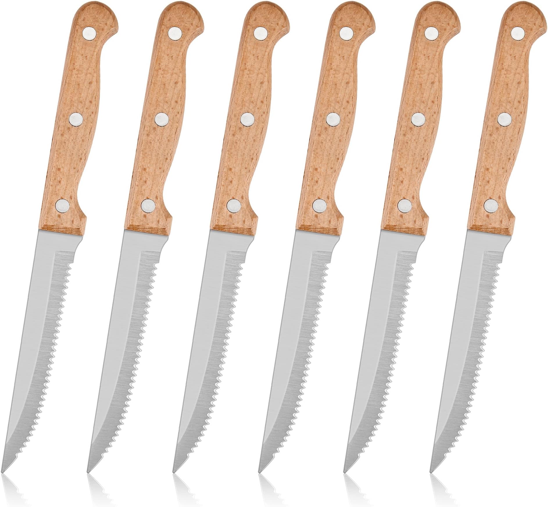 Herogo Steak Knives Set of 6, Stainless Steel Serrated Steak Knife, Dishwasher Safe Kitchen Steak Knife Set, Sharp Dinner Knives with Wooden Handle, Cutlery Knives for Home/Table/Restaurant