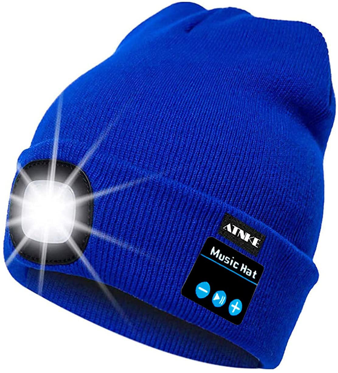 Atnke Women's Blue Led Lighted Tooth Beanie Cap, Usb Rechargeable Wireless Musical Running Hat Ultra Bright 4 Led Light Lamp Use For Skiing Hiking Camping Cycling