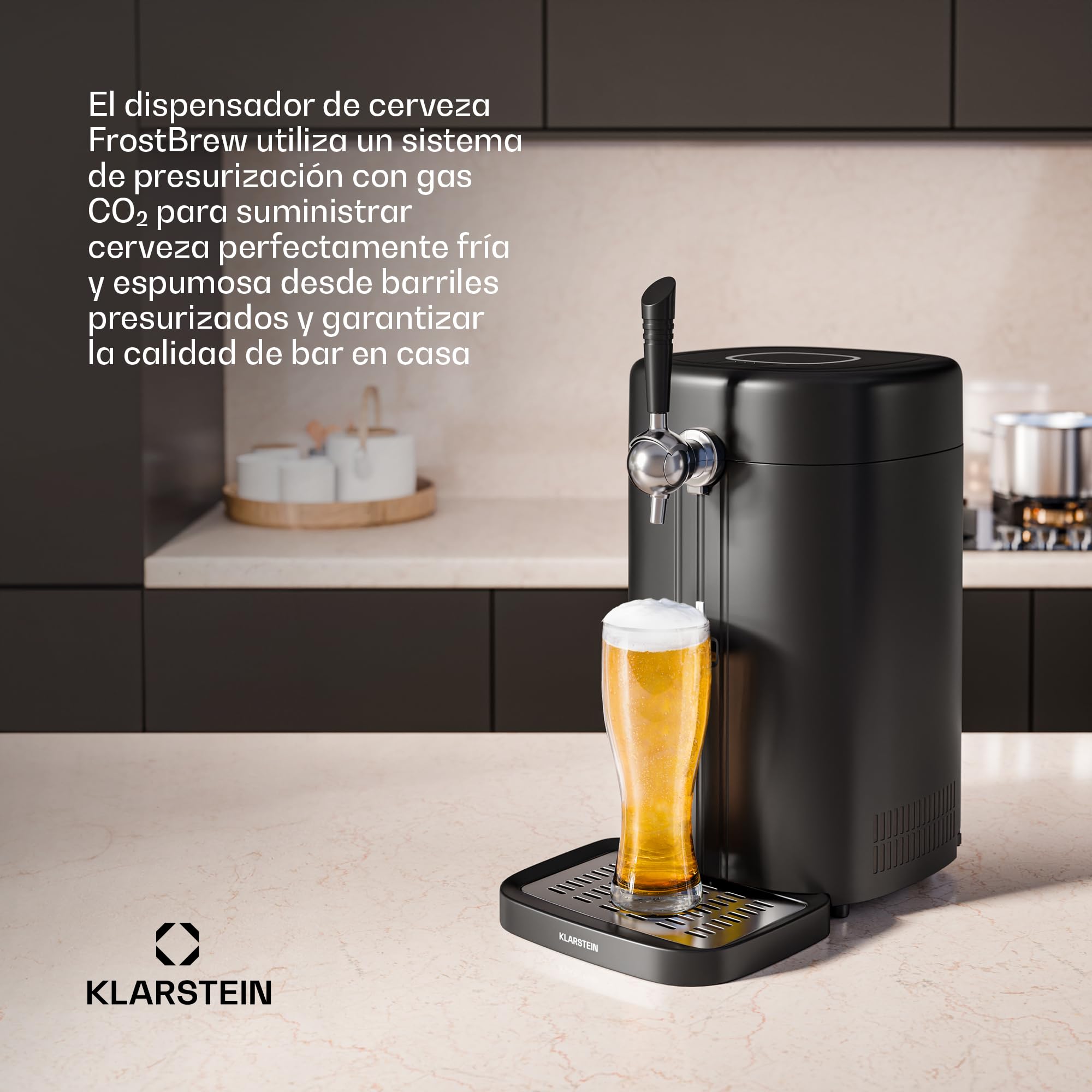 KLARSTEIN FrostBrew - Dispenser per Birra, 5L, Sistema di Pressione a CO₂, Raffreddamento Termoelettrico, Temperatura: 3-12°C, Compatibile con Fusti Universali, Design Compatto, Nero/Argento