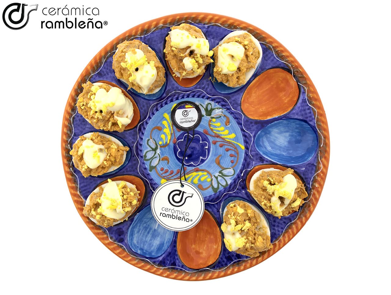 CÉRAMIQUE RAMBLEGNE | Oeuf | Assiette oeufs farcis | Plateau céramique | Œufs farcis | Oeufs assiette | Coquetier amazon | Assiette oeufs modèle M02 | Décoration 100% faite à la main | 25,5 x 25,5