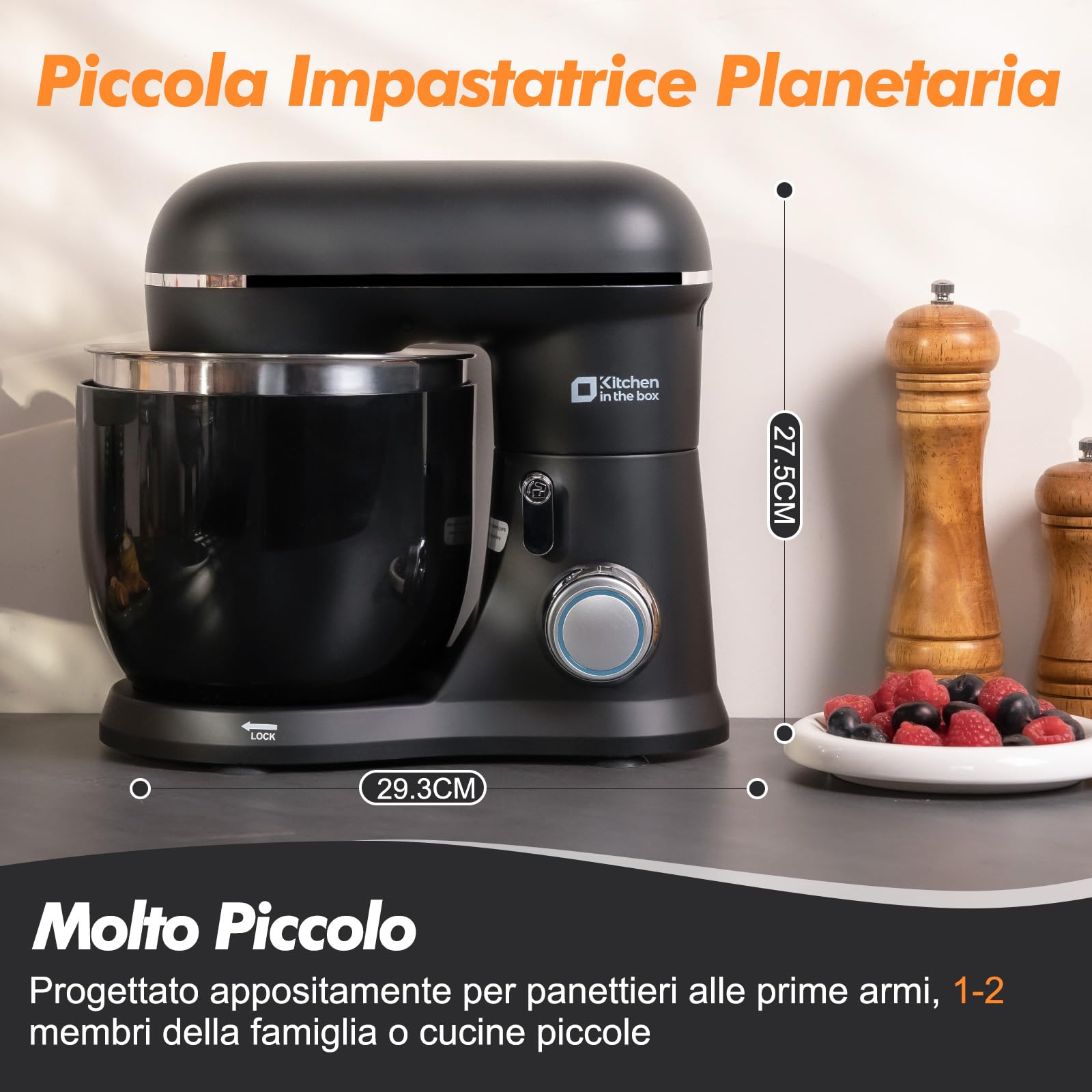 Kitchen in the box Impastatrice Planetaria, 2 Ciotole 3.5L Piccolo Planetaria Professionale, 10 Velocità Leggero Impastatrice Pizza con Uncino Impastatore, Mescolatore, Frusta Sbattitric(Nero)
