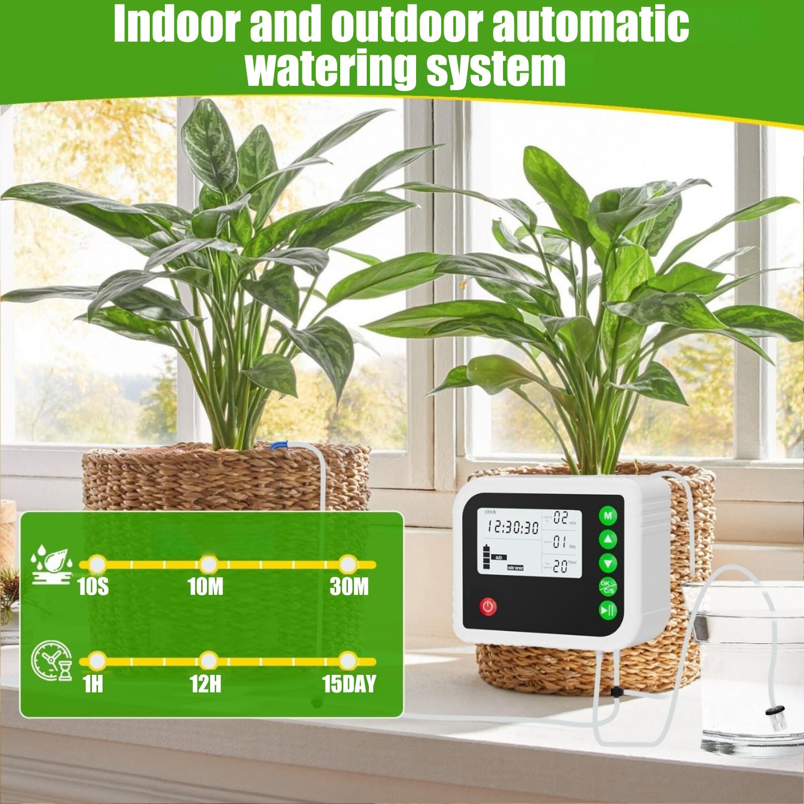 Contrôleur d'arrosage goutte à goutte automatique pour pot avec modes automatique et manuel, tubes et goutteurs pour conteneurs de balcon, zones de jardin, minuterie d'arrosage automatique