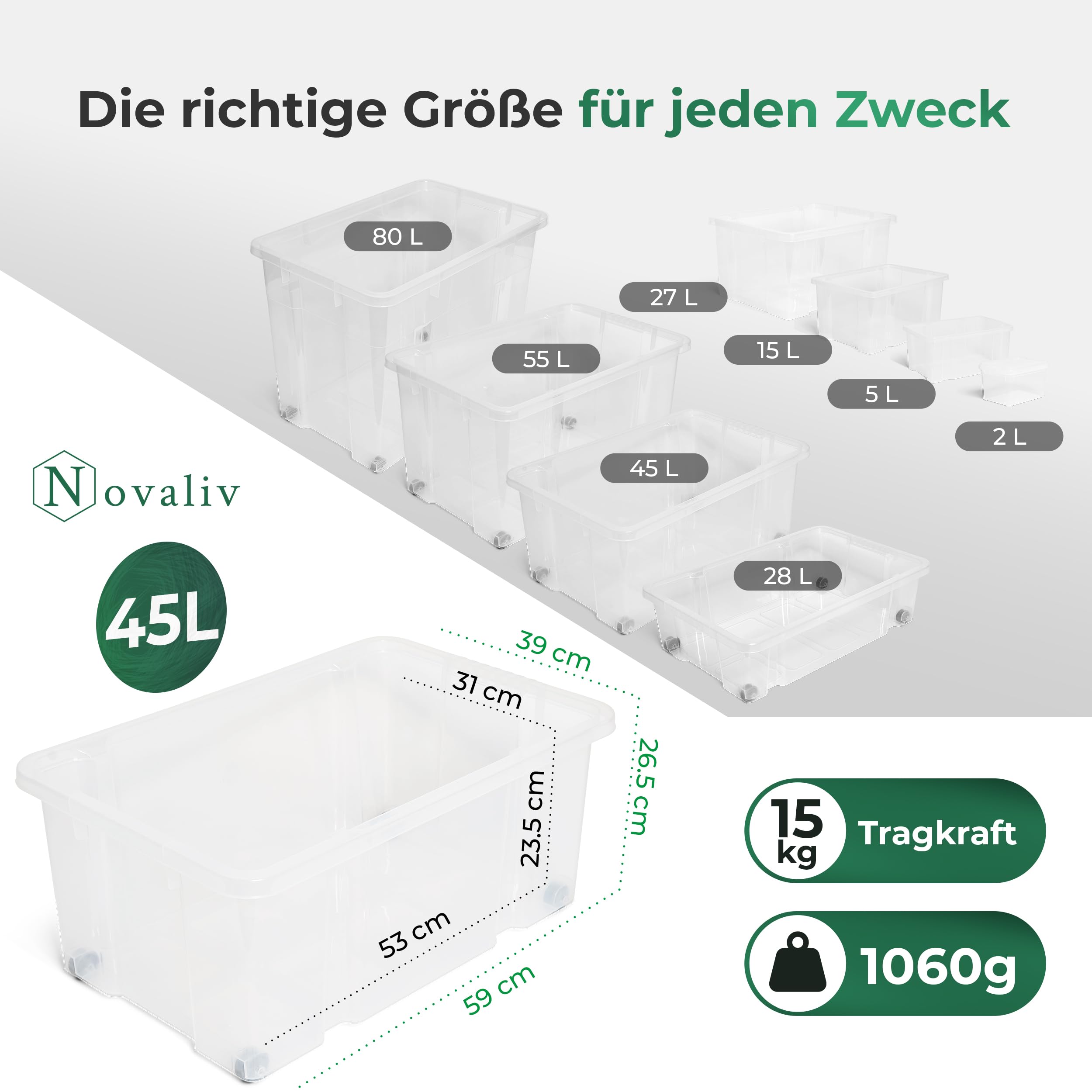 Novaliv 3x Aufbewahrungsboxen ohne Deckel Groß 45L transparente Nestbar stapelbar Rollboxen Kunststoff BPA-frei 59x39x25 cm