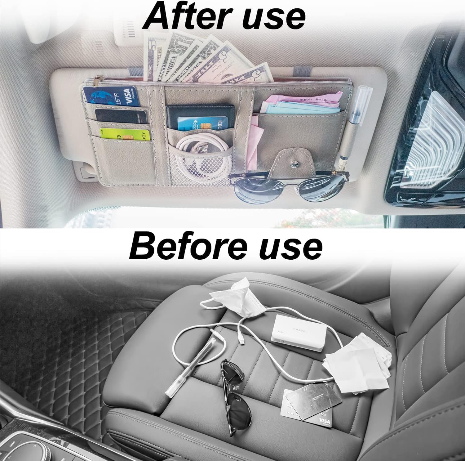 Car Sun Visor Organizer with Phone Holder, PU Leather Auto Storage Wallet for Cards, Glasses & Documents Premium – Multi-Pocket Holder Sunglasses, Phone, Cards Cash 4