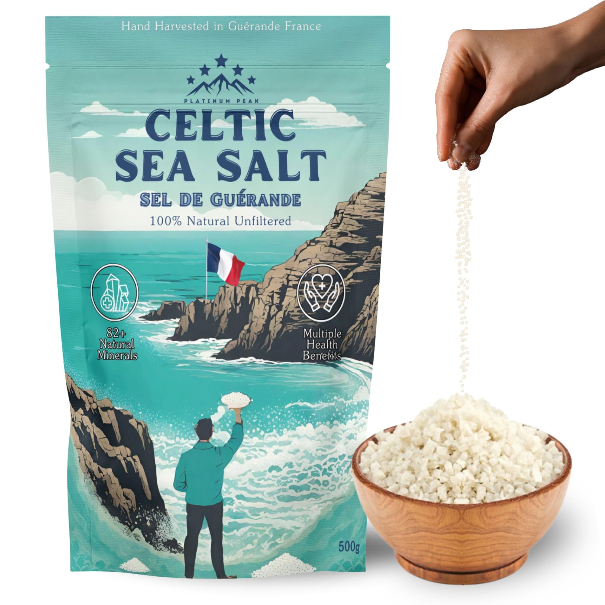 Celtic Sea Salt 500g | 100% Organic Unfiltered | 82+ Natural Minerals | Hand Harvested in Guerande, France | Coarse Grey Salt | 1 Pack 500g
