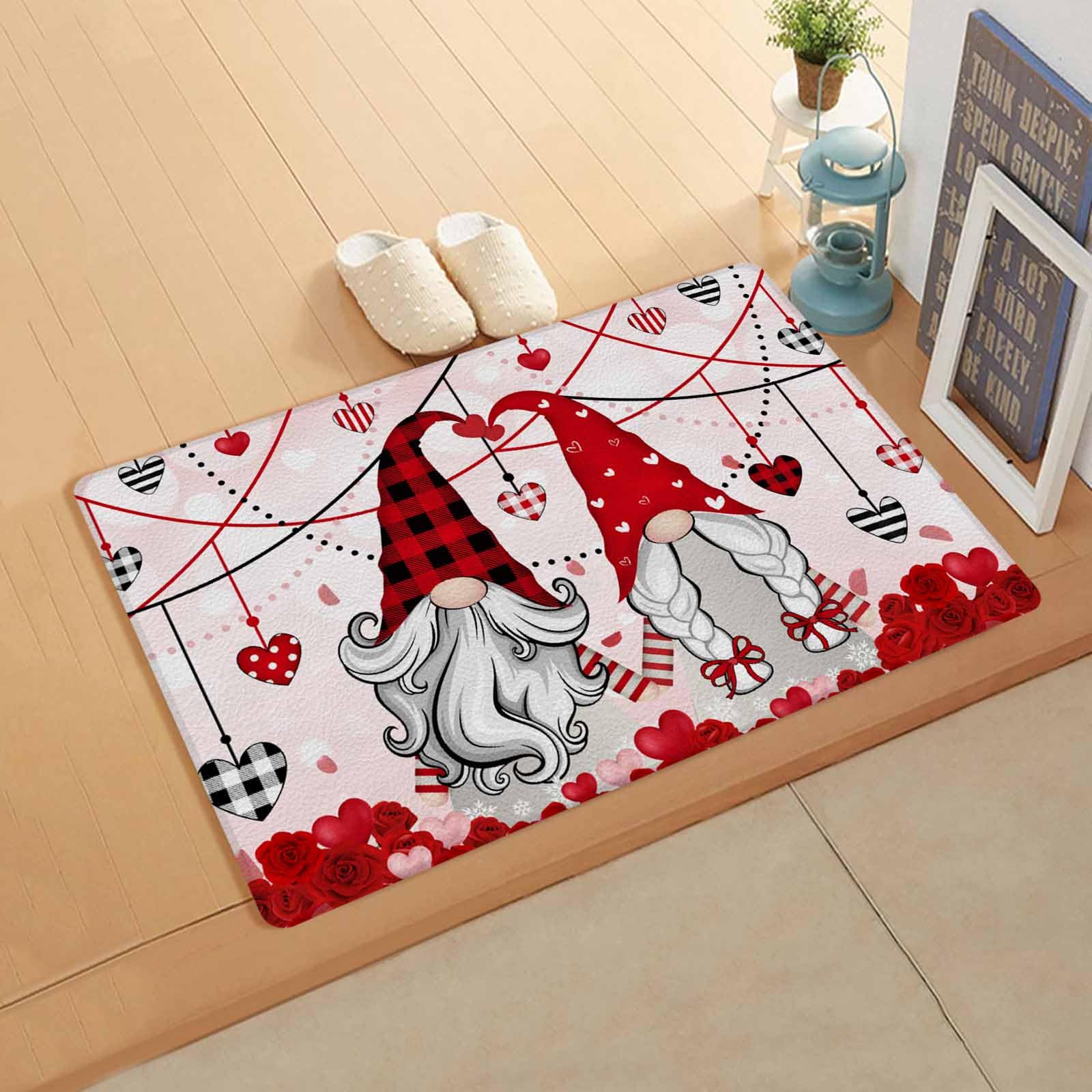Love Gnomes Kitchen Bath Door Mat Cushioned Runner Rug,Washable Welcome Floor Sink Antifatigue Mat,Waterproof & Non-Slip Comfort Standing Doormat,Valentine's Day Red Rose Flower Dots 20