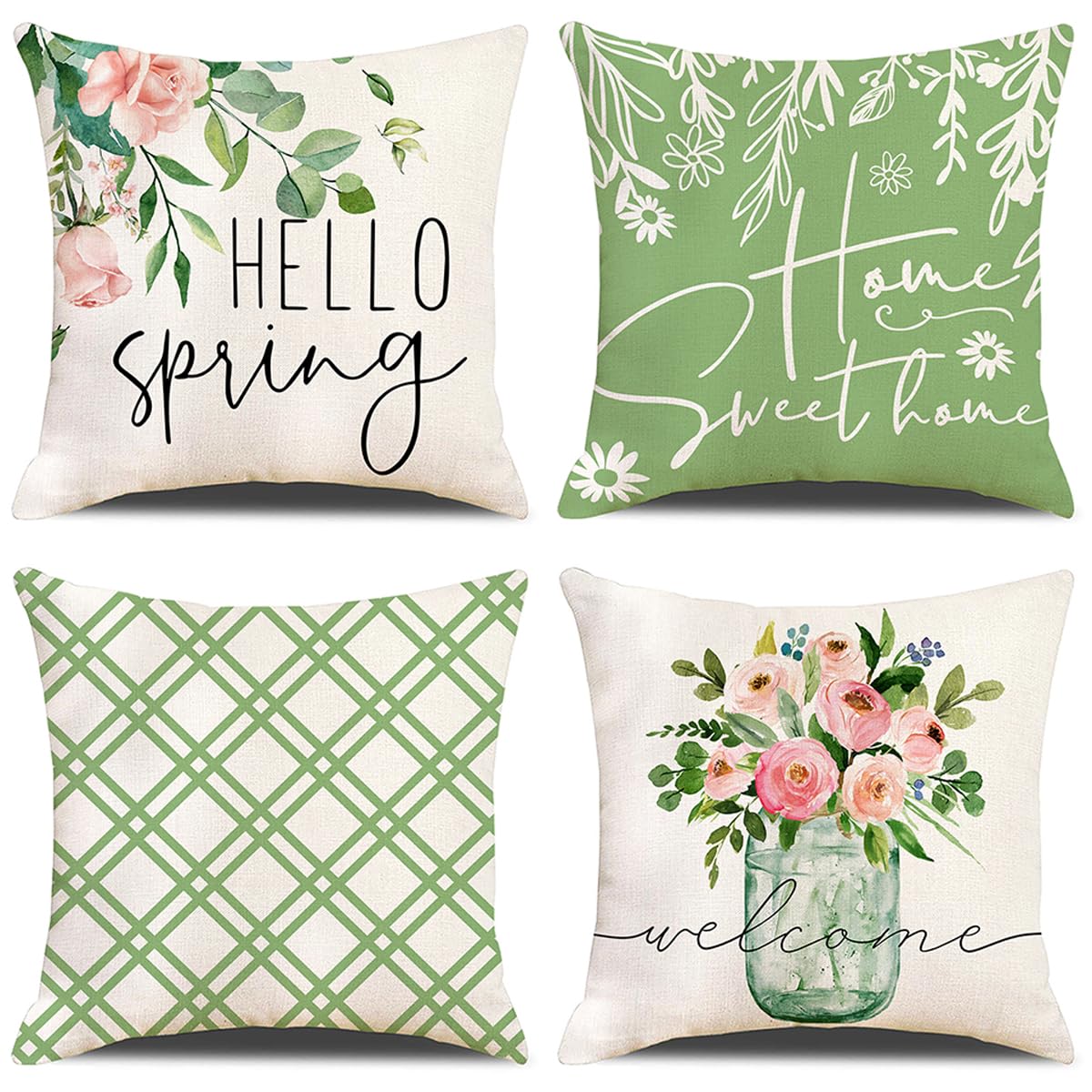 GYISANA Cushion Covers 45cm x 45cm,Set of 4 Hello Spring Decorative Throw Pillow Covers Spring Flower Linen Square Pillow Cases 18x18 Inch for Sofa Living Room Bed Couch Car Home Decor