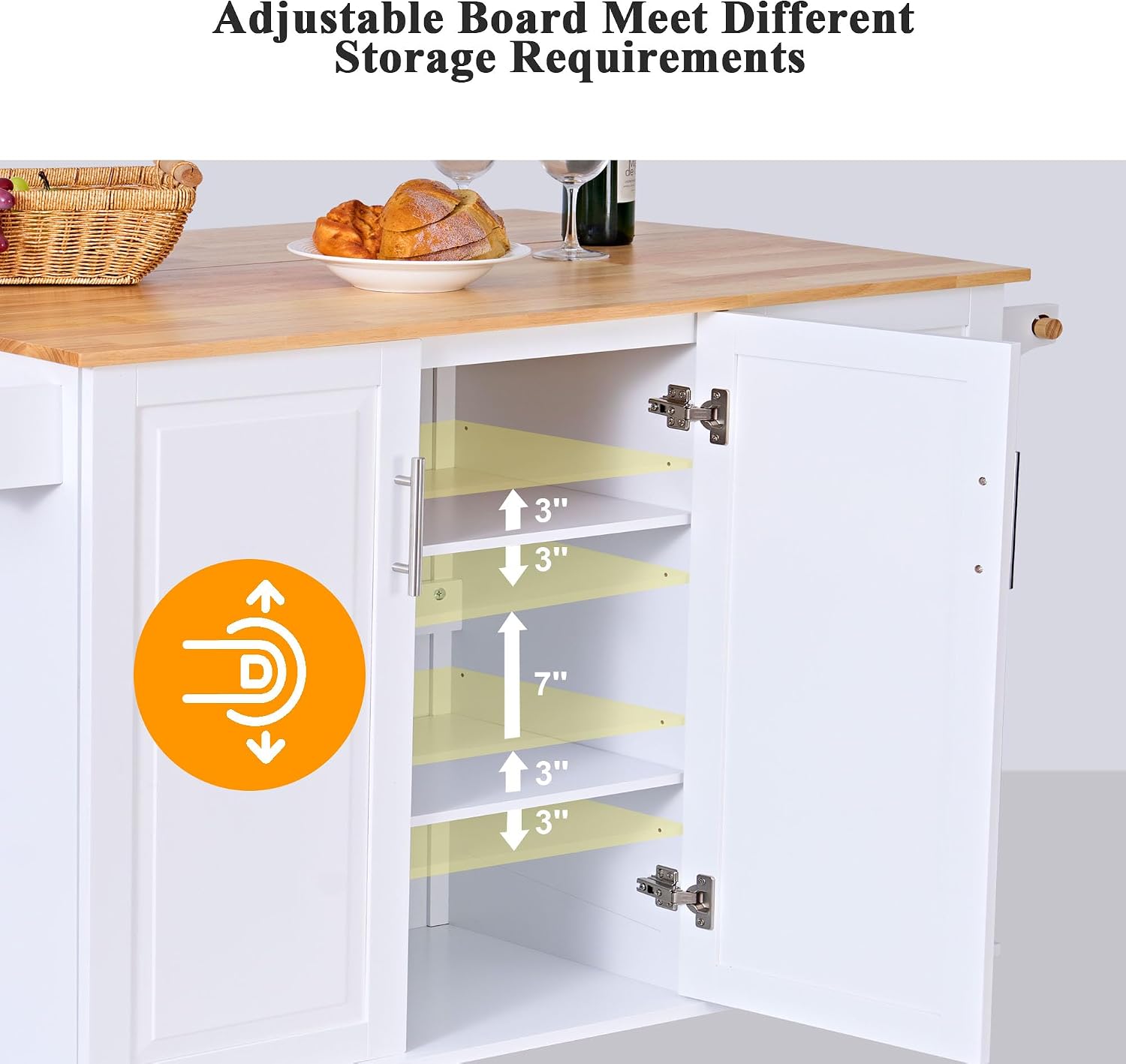 soges Mobile Kitchen Island with Storage and Drop Leaf on Wheels, Rolling Kitchen Island Table Cart with 3 Drawers and Large Storage Cabinets, Spacious Desktop, Adjustable Shelves, White