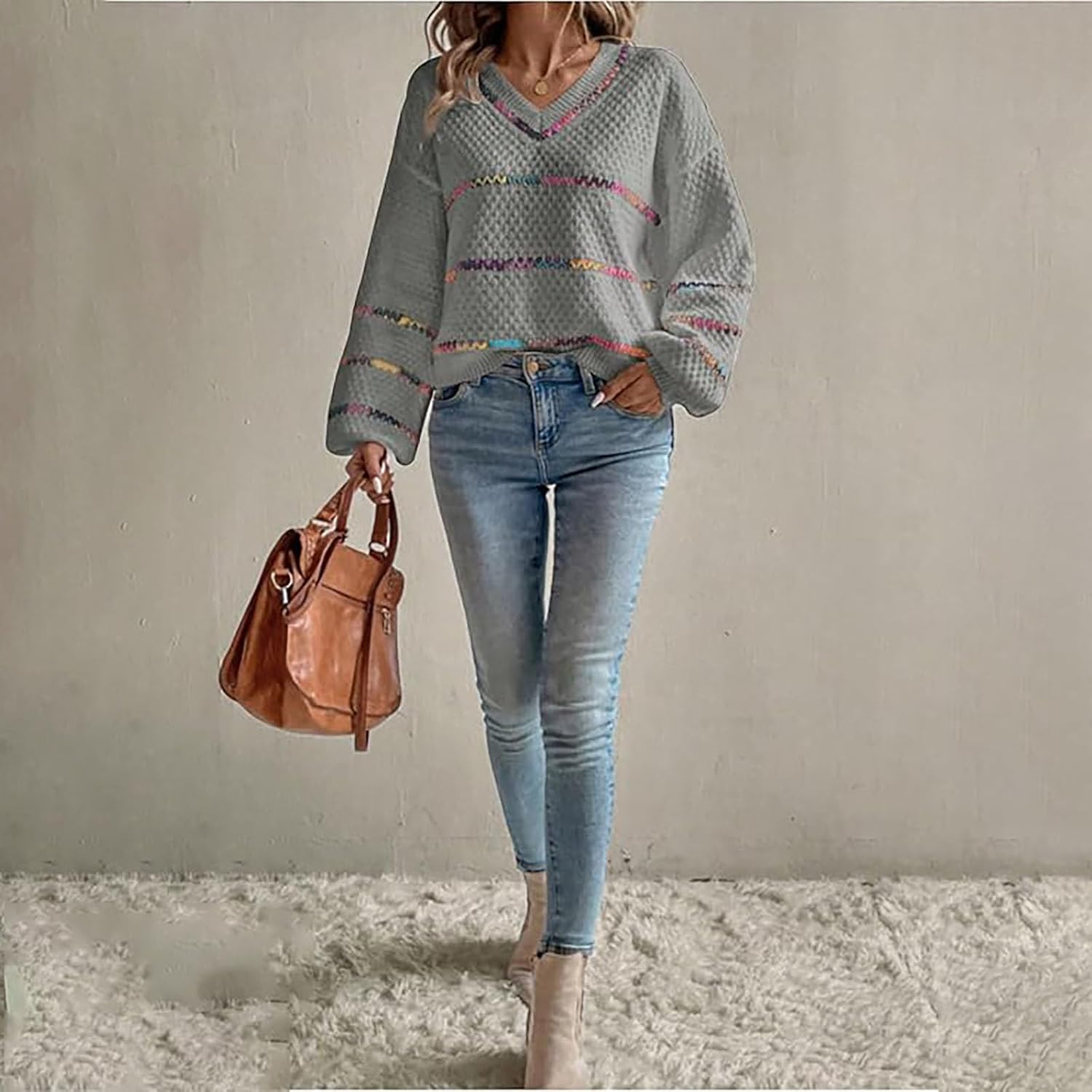 Womens Fall Sweaters Oversized Pullover V Neck Stripe Long Sleeve Drop Shoulder Knit Top Loose Rainbow Chunky Top - Image 3