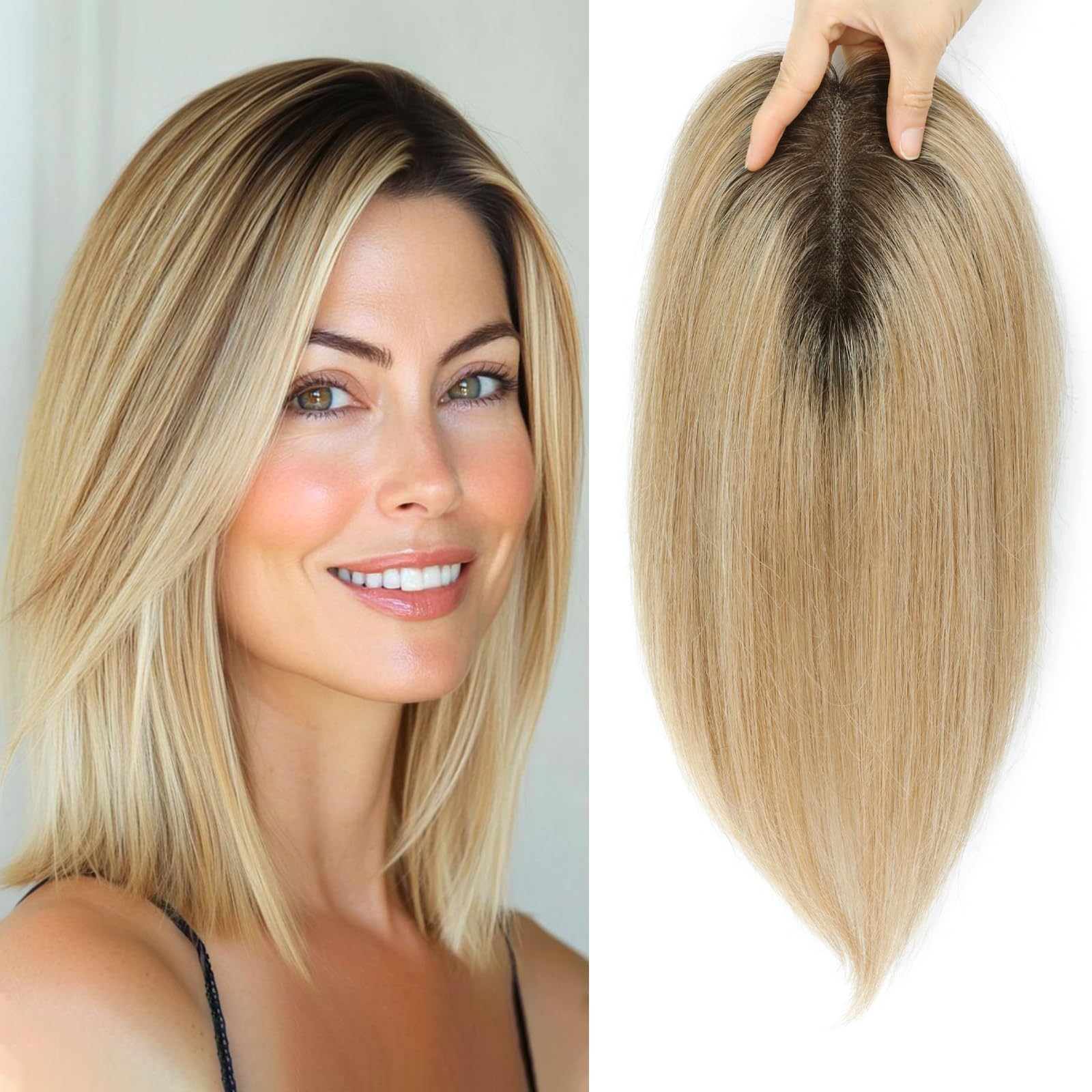 Hair Toppers for Women 12Inch Human Hair Topper 4x4.8inch Large Swiss Base Hairpieces(Honey Blonde with Dark Brown Root)