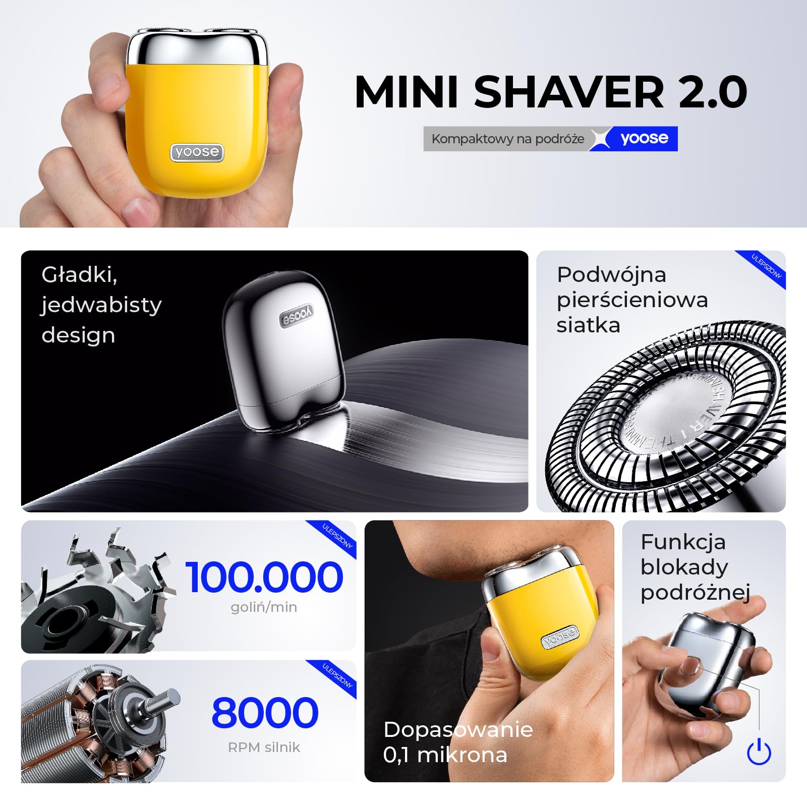 yoose Elektryczna Maszynka do Golenia dla Mężczyzn, IPX7 Wodoodporna z Ładowaniem USB-C & Magnetycznymi Główkami, Łatwa w Czyszczeniu - Do Podróży, Outdoor, Służbowych i Samochodu (Żółty)